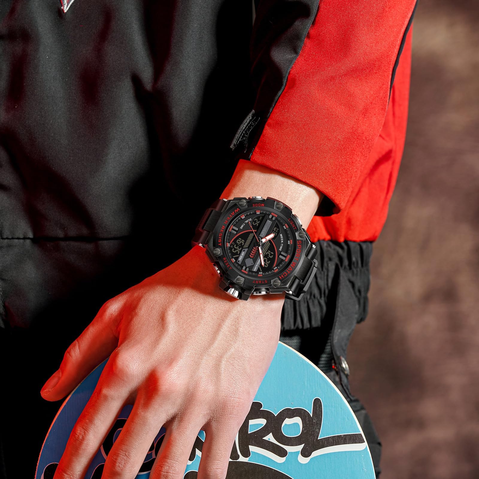 Findtime Running Mens Watches Military Tactics, 5ATM Waterproof Sports Outdoor Watch for Men Swimming Analog Digital Led Large Face Dual Dial Time Display Electronic Wristwatch White