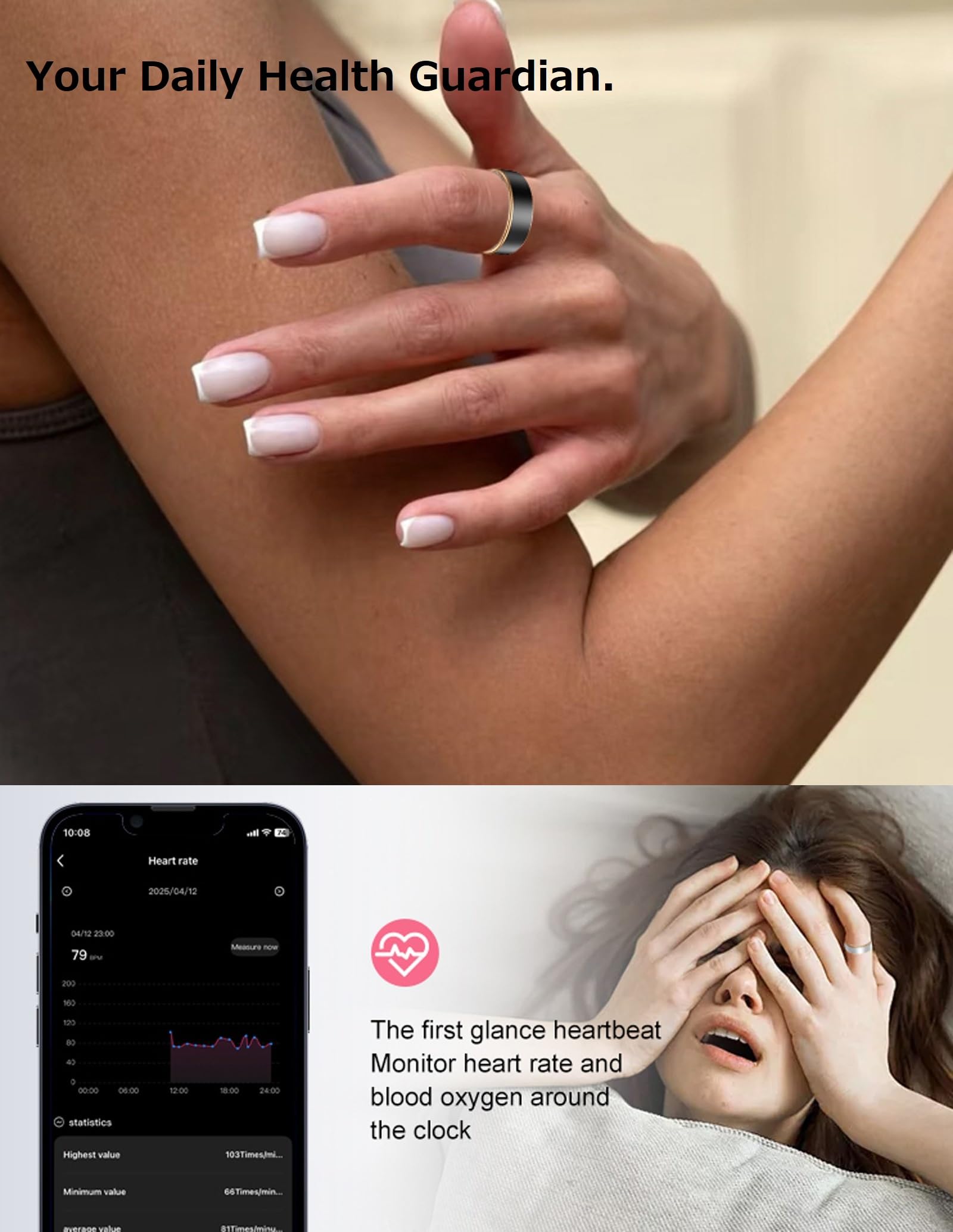 Smart Ring for Men Women Health Ring Heart Rate Monitor Sleep Tracker Fitness Tracker Ring Calorie Step Counter Gesture Remote Camera GPS Activity Tracker Waterproof Compatible with iOS Android Phones
