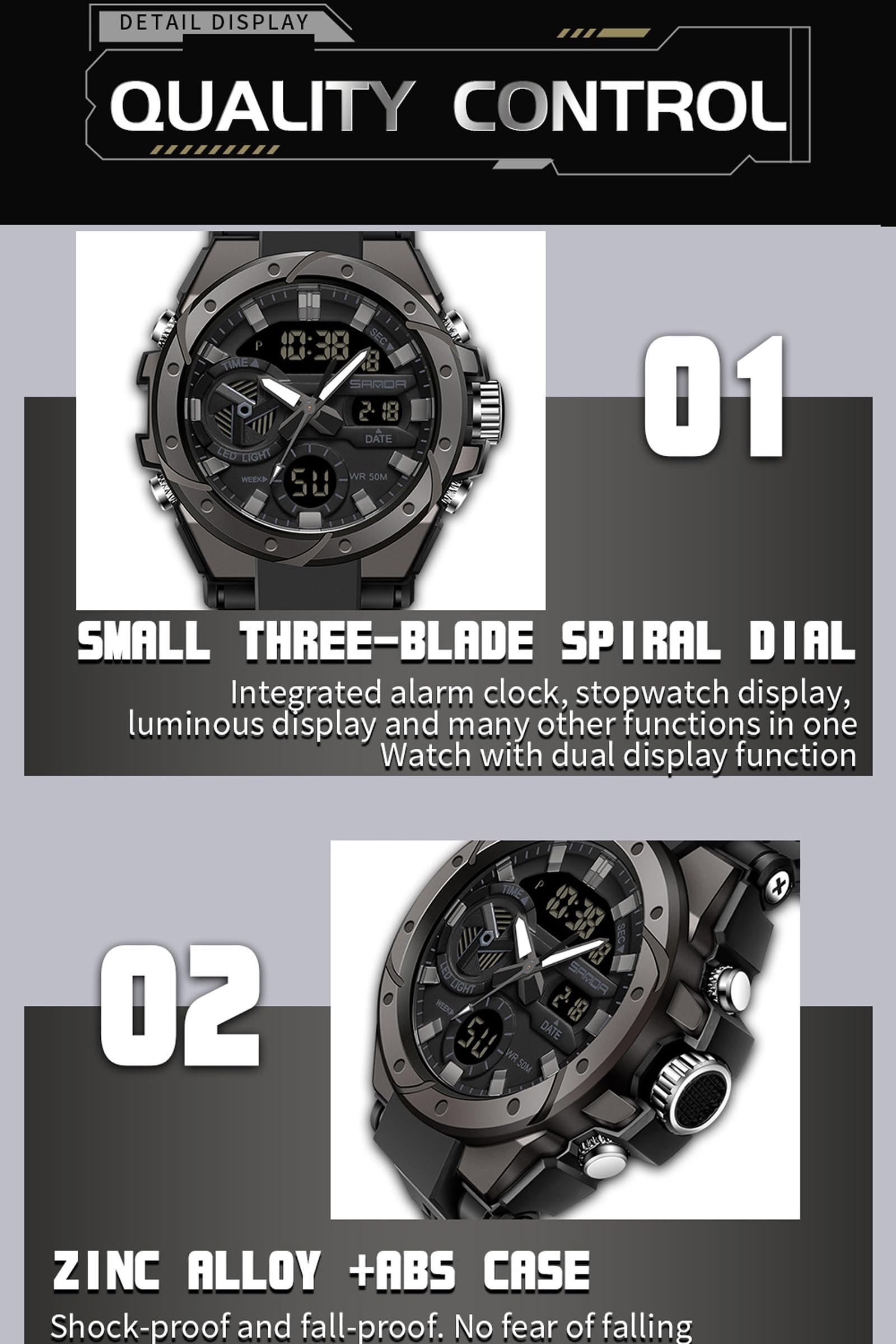 Findtime Mens Digital Analog Watches for Men, Men's Sports Outdoor Watch Military Tactical Wristwatch with Alarm Water Shock Resistant Date Dual Display Stopwatch