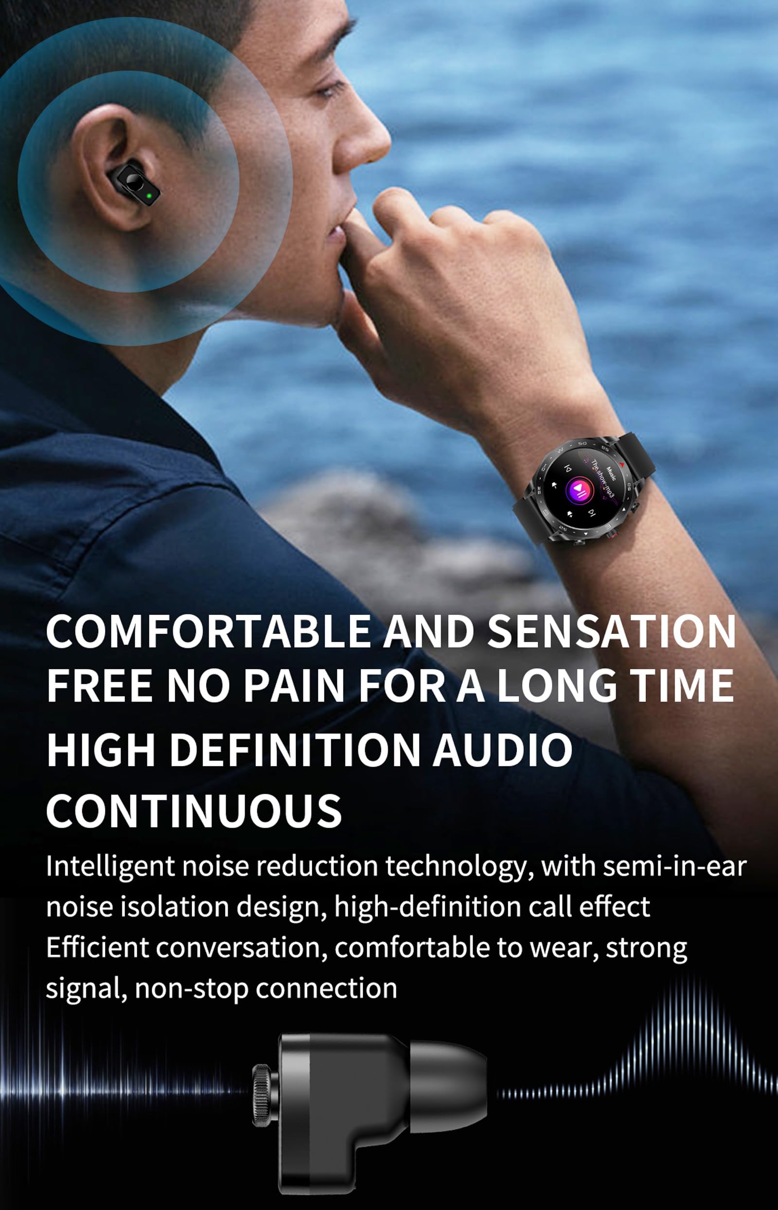 Smart Watches for Men with Wireless Earbuds Waterproof Men Watches HiFi Headphones Blood Pressure Monitor Heart Rate Monitor Sleep Tracker Bluetooth Call Fitness Tracker Step Counter for iOS Android