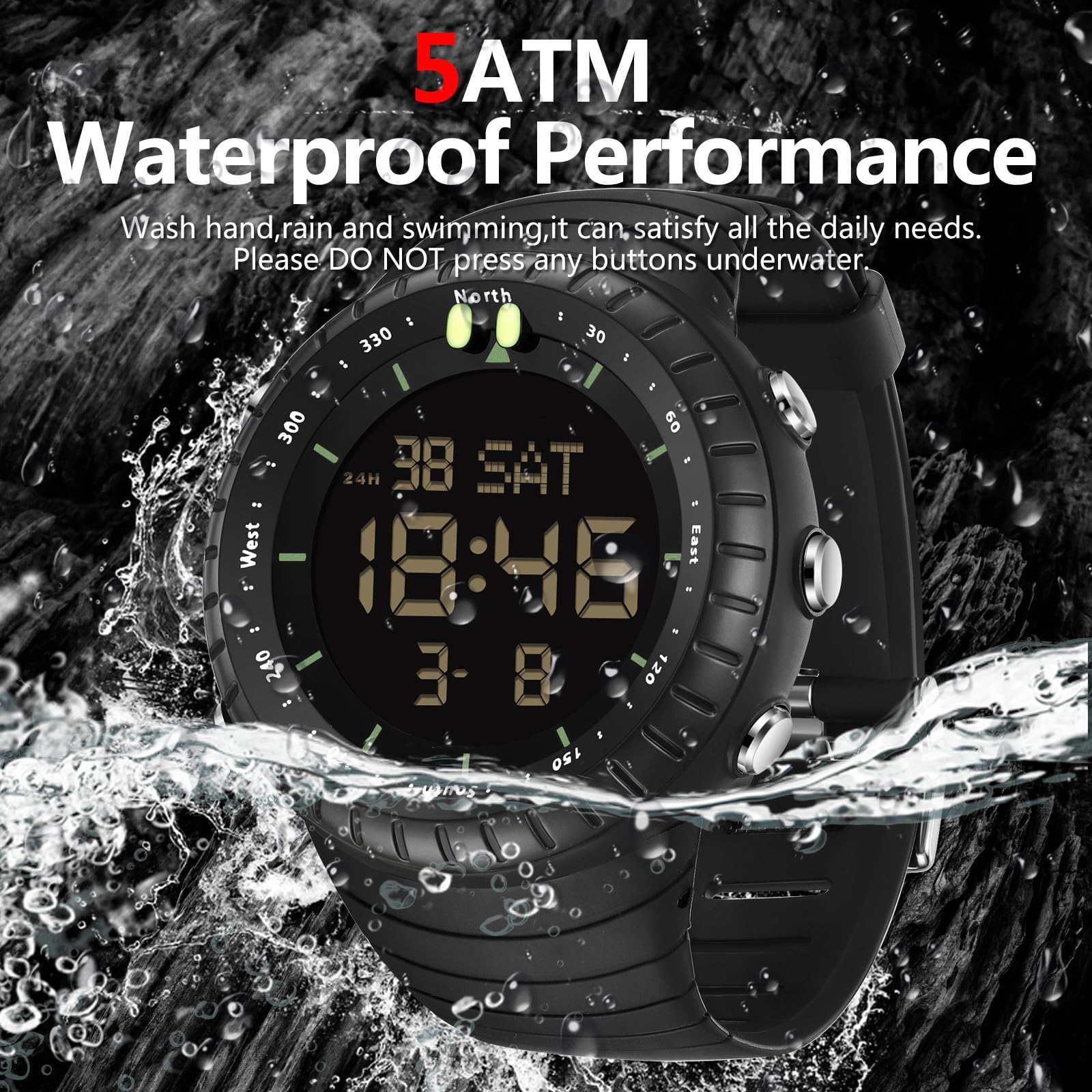 Findtime Mens Digital Watch Tactical Waterproof Large Numbers Alarm Countdown Stopwatch Sports Running Military Watches for Men Simple Electronic Wristwatch