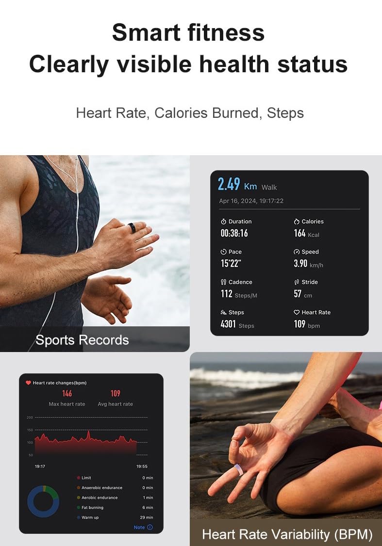 Smart Ring for Men Women Fitness Tracker Ring Health Smart Rings Heart Rate Monitor Sleep Tracker LED Notification Calorie Step Counter NFC Gesture Control Multi-Sport Modes Waterproof iOS/Android