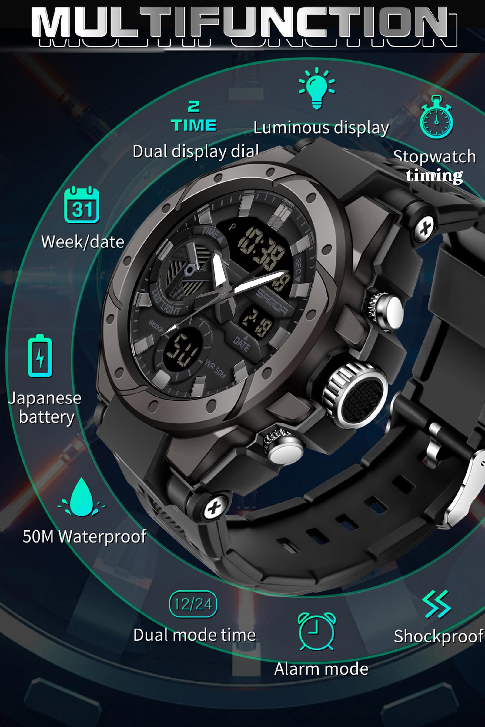 Findtime Mens Digital Analog Watches for Men, Men's Sports Outdoor Watch Military Tactical Wristwatch with Alarm Water Shock Resistant Date Dual Display Stopwatch