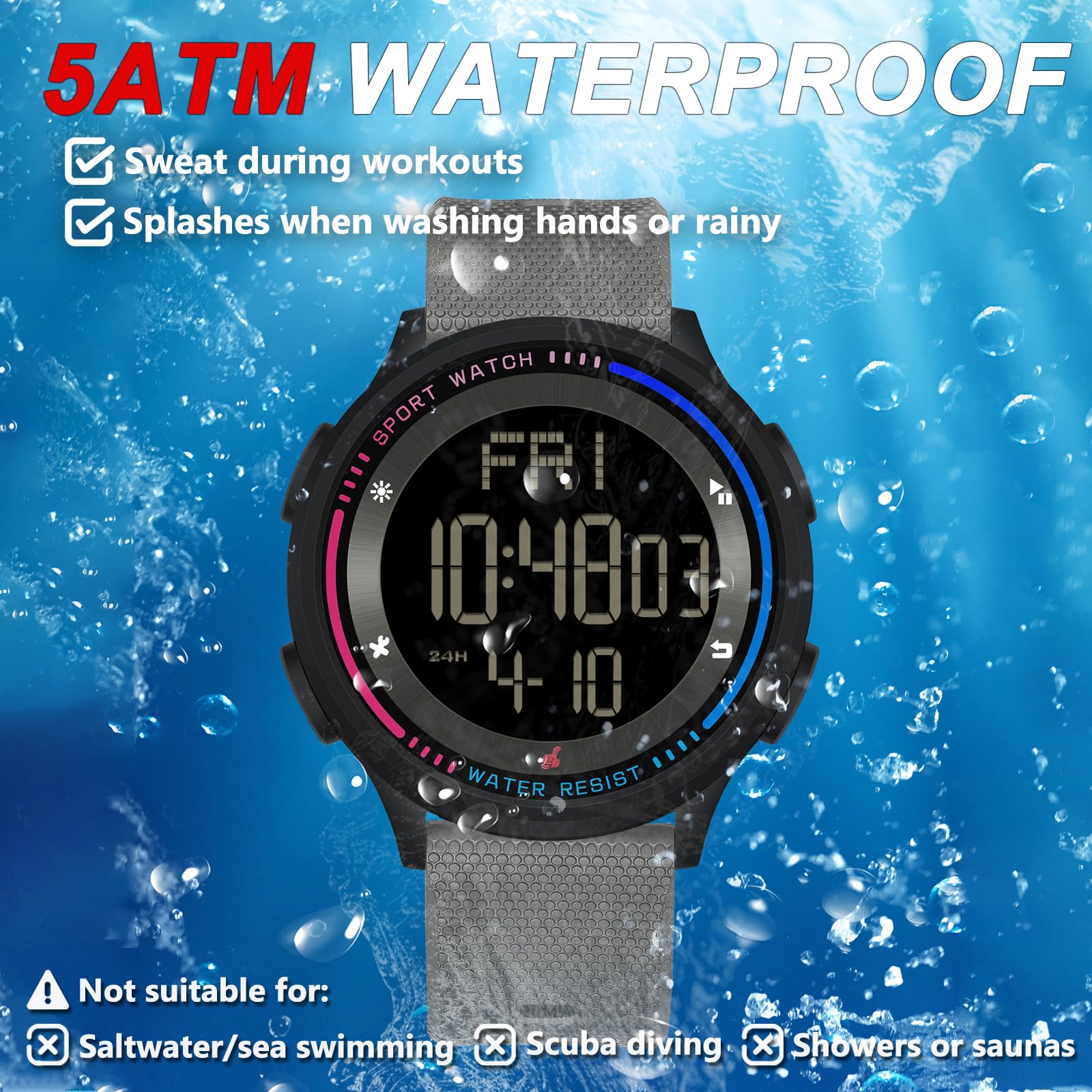 Findtime Sports Watches for Men Digital Waterproof Watch Alarm Clock Stopwatch Countdown Calendar Tactical Mens Watch Running Outdoor Relojes para Hombres Hiking Dual Time