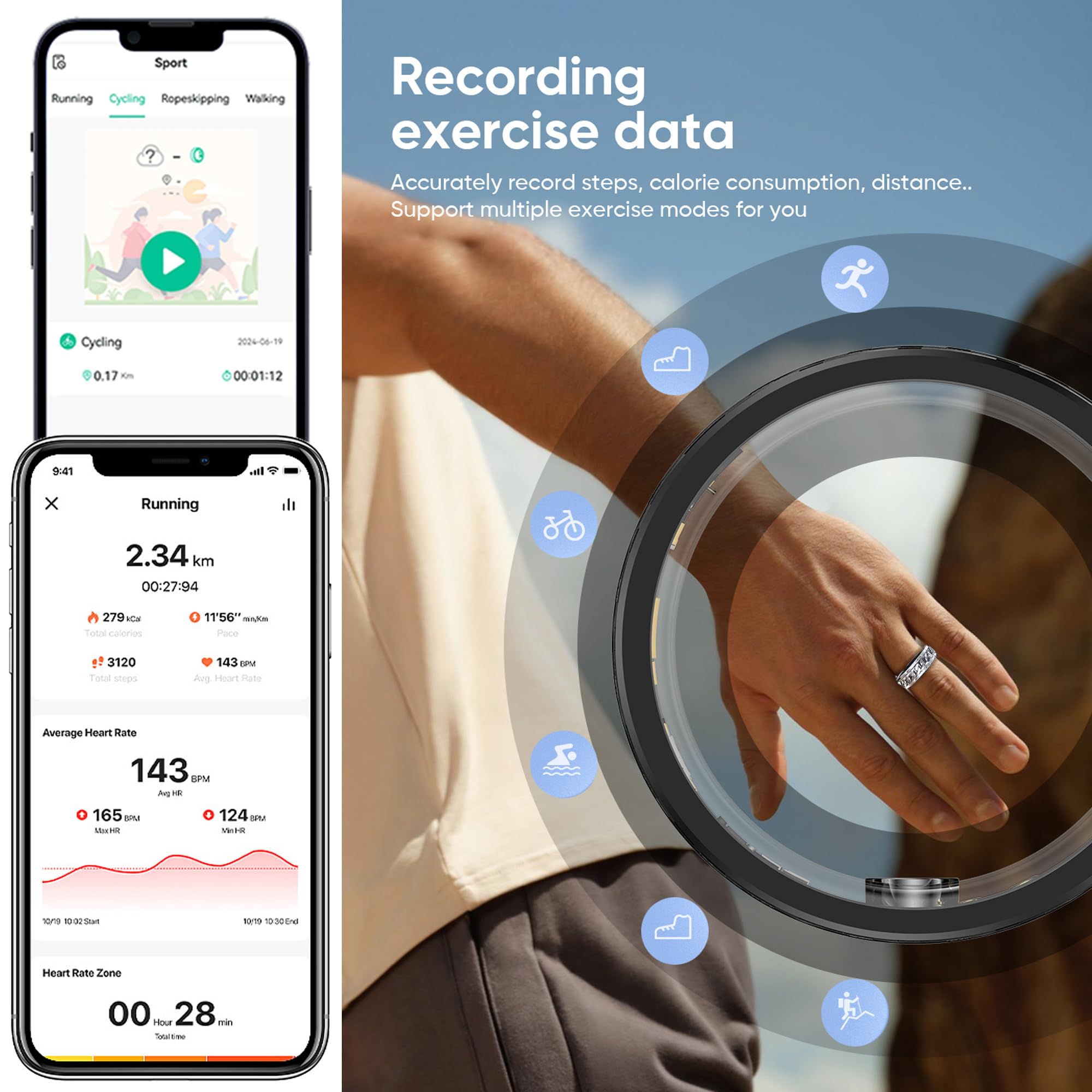 Smart Ring Cuban Link Rings Heart Rate Monitor Sleep Health Ring for Men Punk Smart Rings for Android & iOS Step Counter Calorie Counter Sport Fitness Tracker