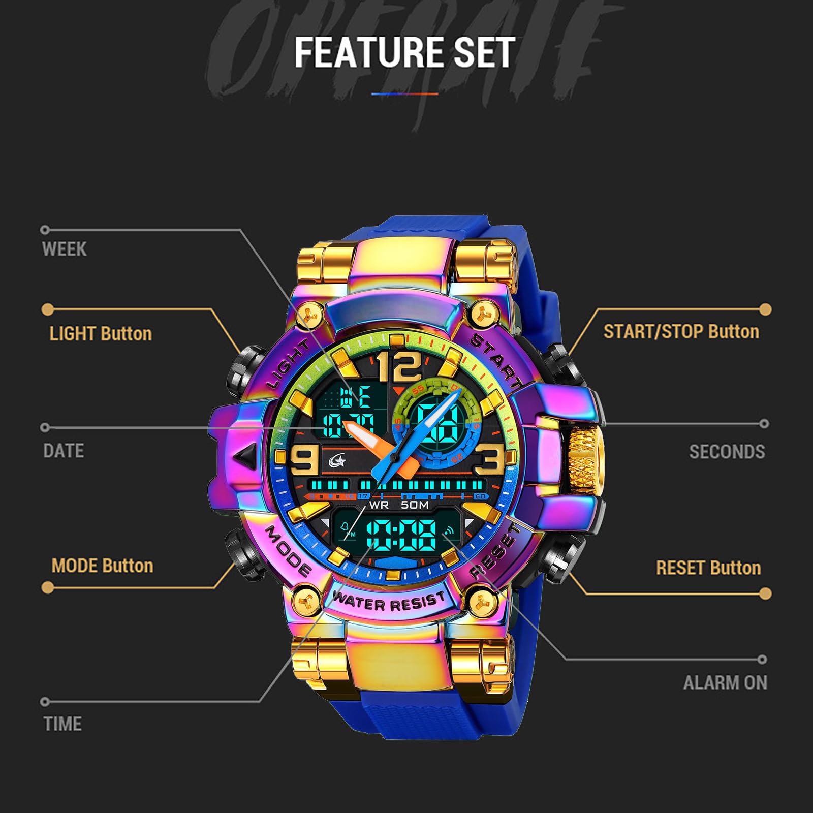 Findtime Cool Designer Mens Watches Big Face Digital Sports Watch for Men with LED Backlight/Alarm/Date/Dual Time Zone/Stopwatch
