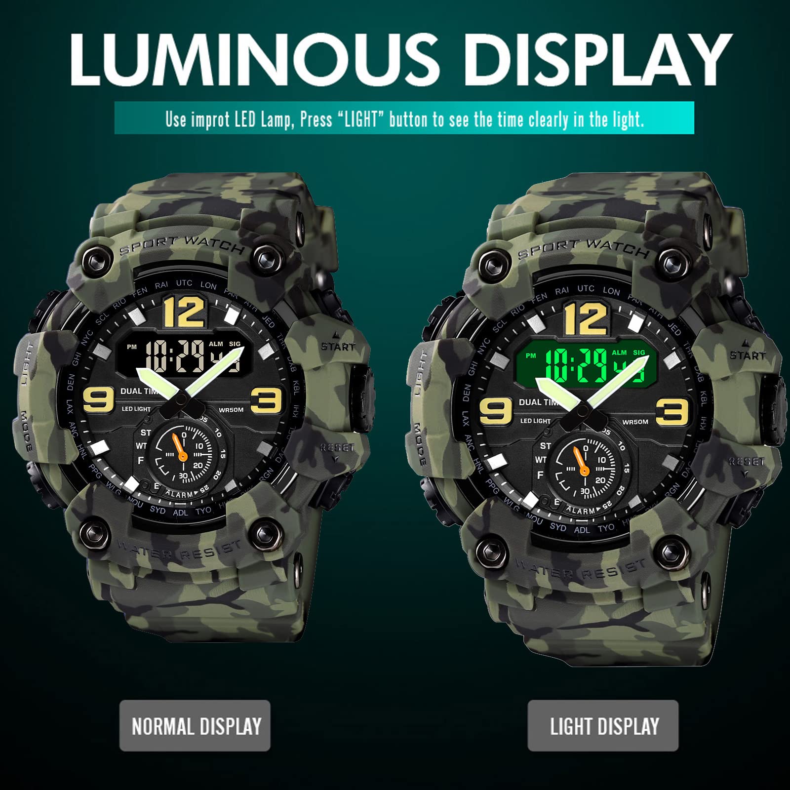 Findtime Big Face Men's Watches 50M Waterproof, Mens Analog Digital LED Outdoor Sport Watch 12H/24H Stopwatch Three Time Display