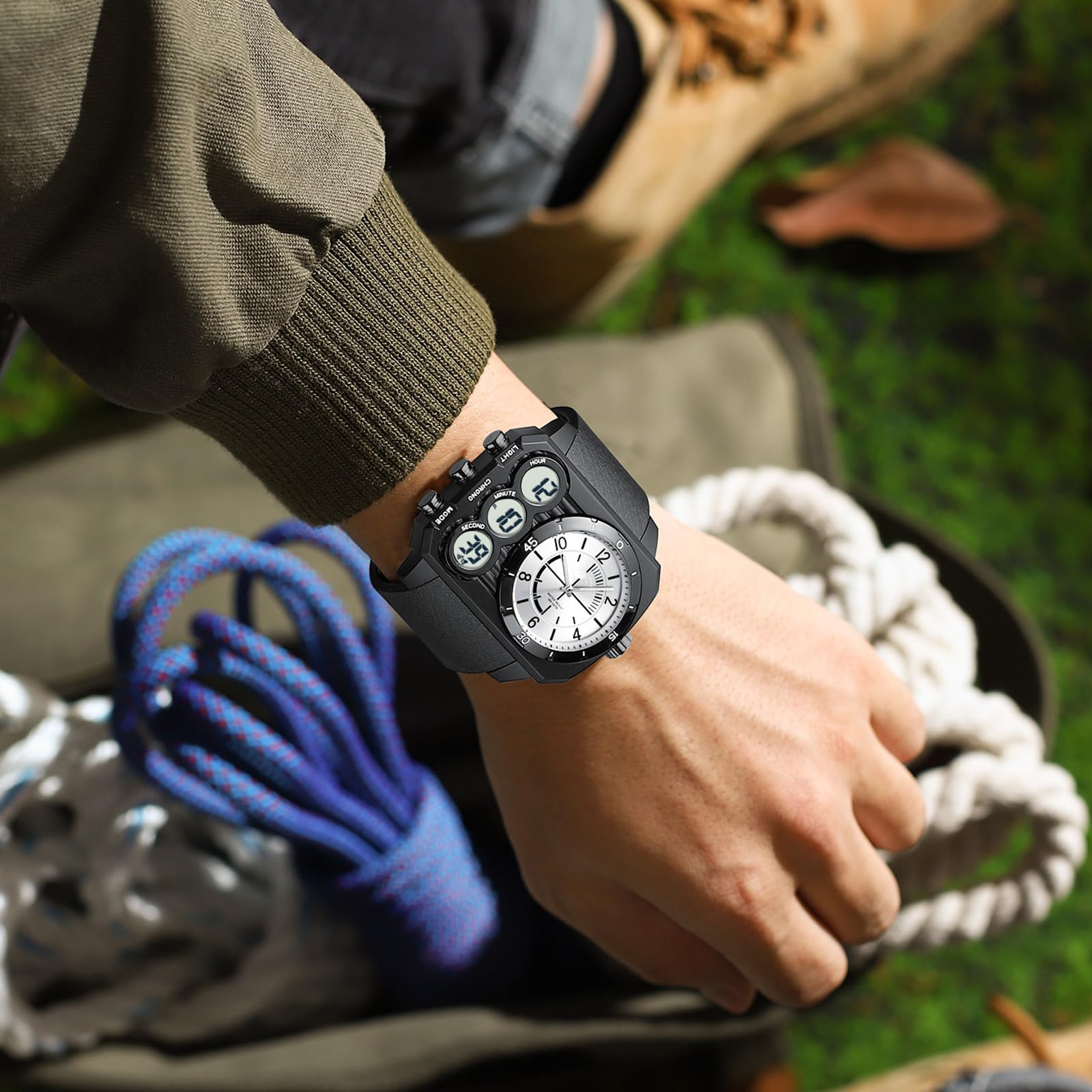 Findtime Big Face Watch for Men Square Large Face Cool Mens Watches with Three Time Zone Countdown Alarm LED Stopwatch Unique Cool Wristwatch