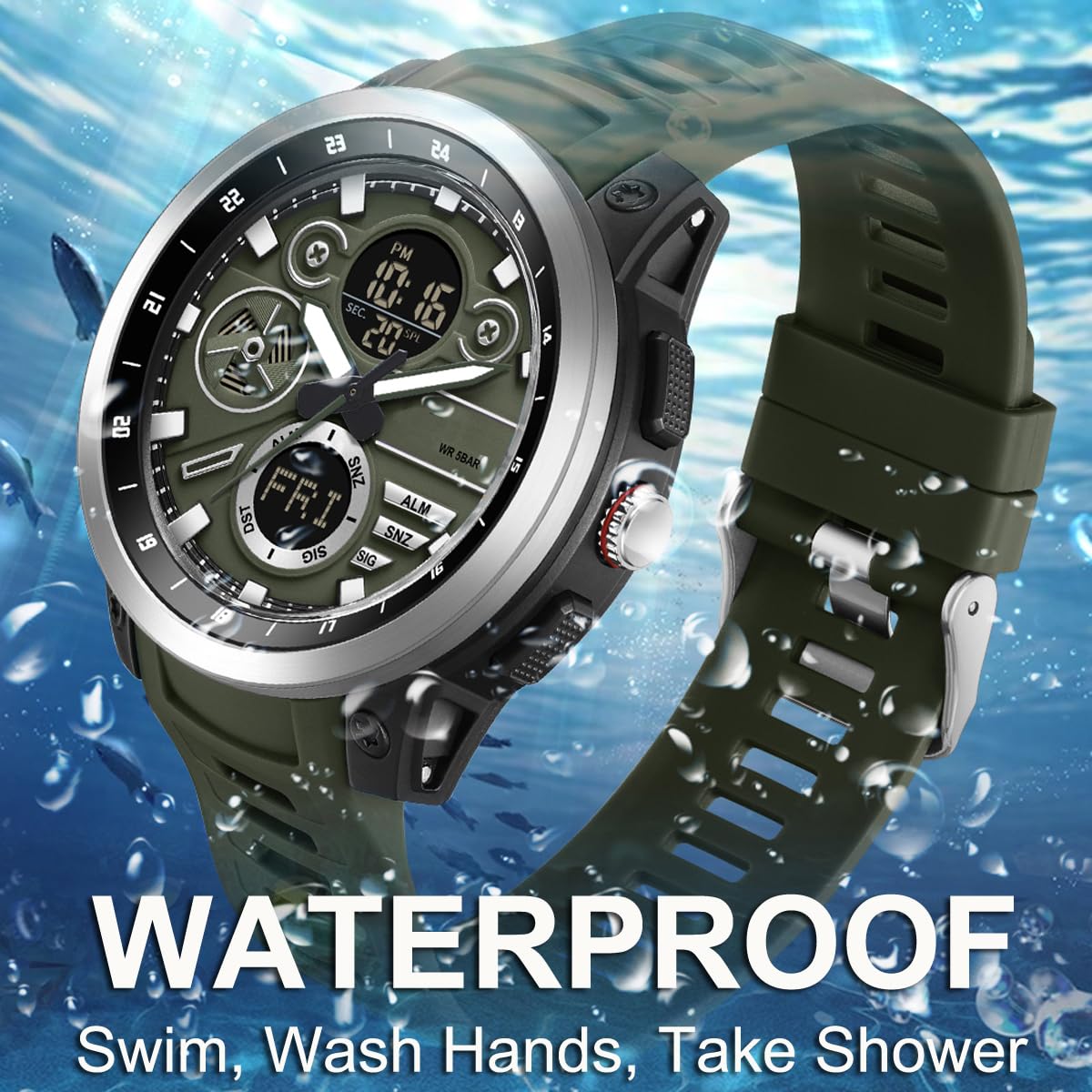 Findtime Men's Military Digital Watch Analog Quartz Waterproof Watches Sport Tactical Outdoor Electronic Multifunctional Wristwatch with Luminous Stopwatch Countdown Alarms Big Face