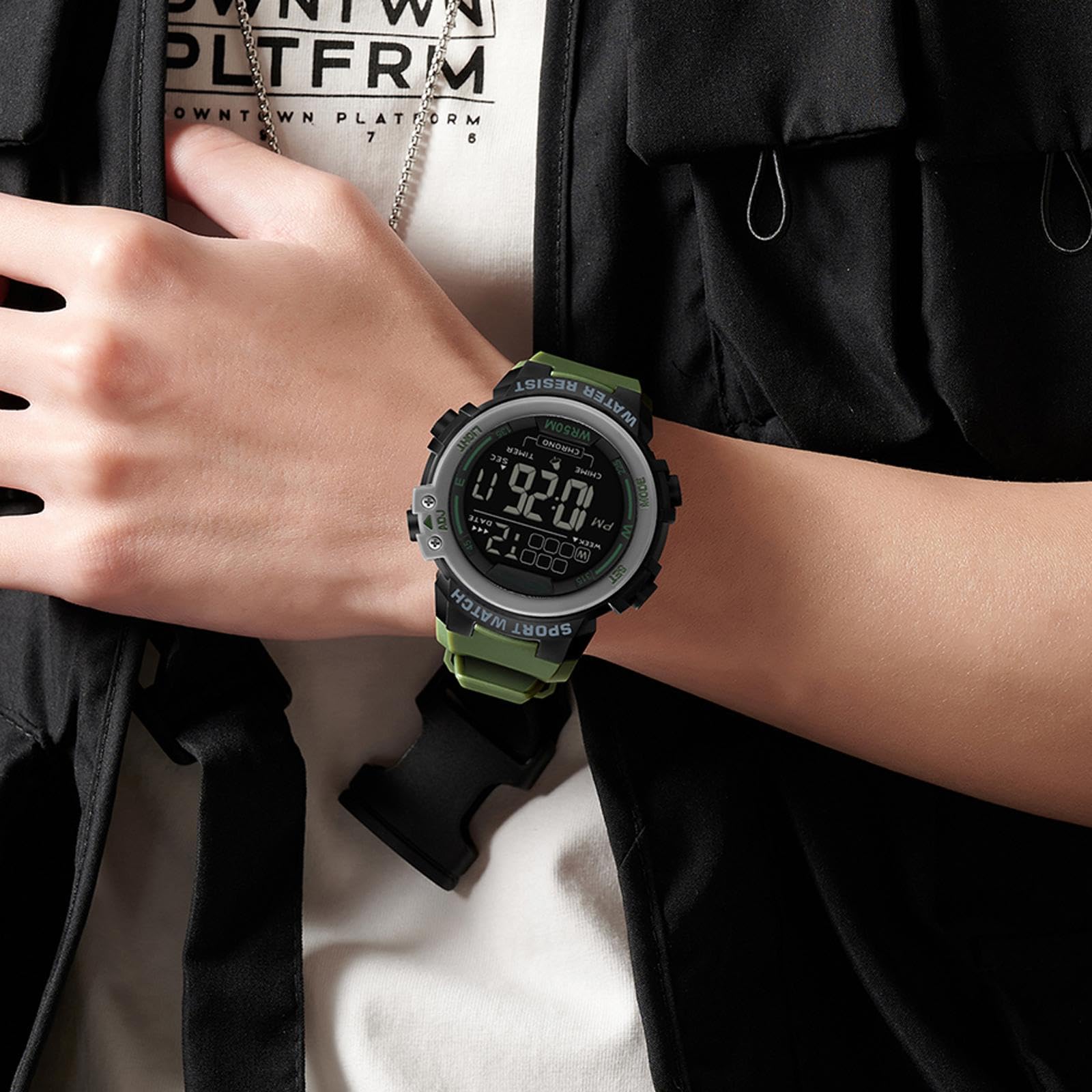 Findtime Sports Watches for Men Digital, Big Face LED Dial Easy to Read Time Wrist Watch with Countdown Timer Dual Time 5Bar Waterproof