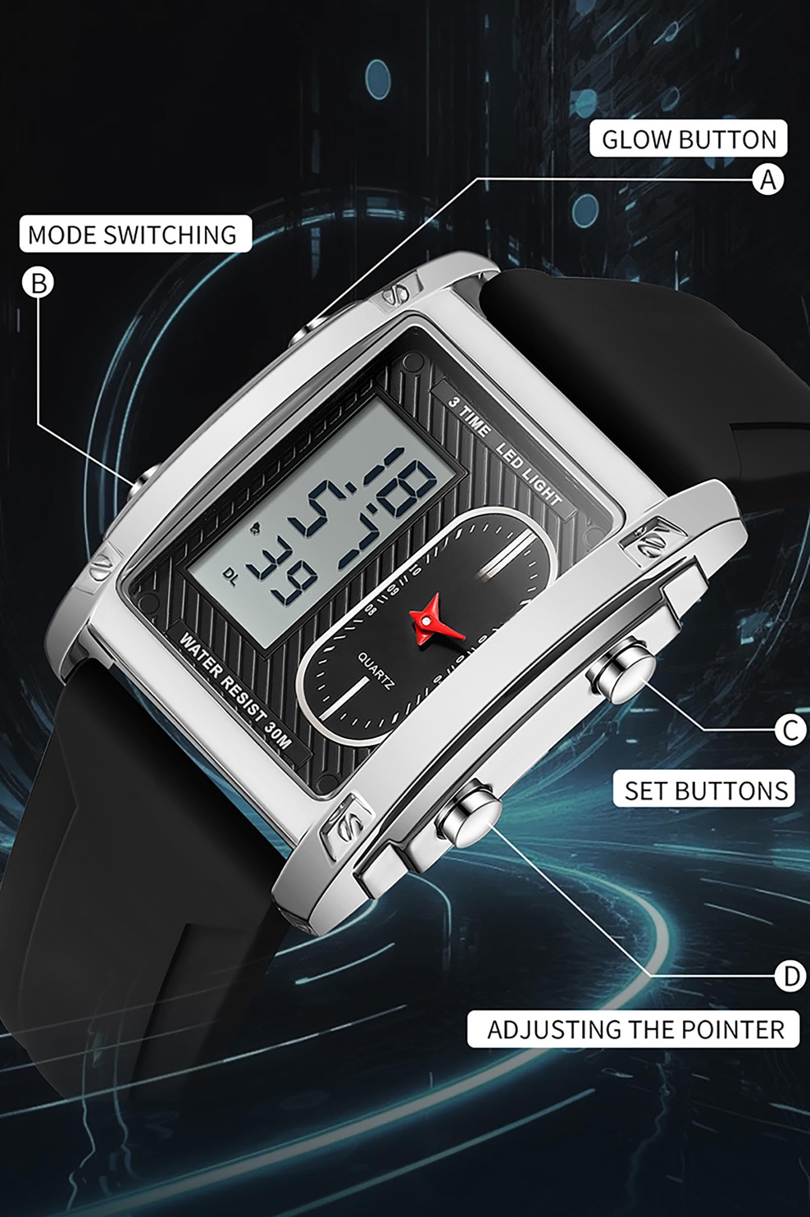 Findtime Cool Rectangle Watches for Men with Digital Analog Dual Time Relojes para Hombres Dress Unique Designer Sport Watch