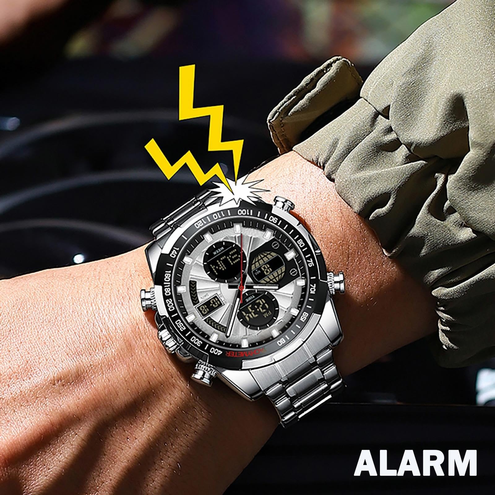 Luxury Stainless Steel Watches for Men Gold Digital Analog Mens Watch with Countdown Alarm Three Time Zone Waterproof Classic Business Wristwatch