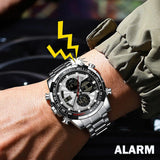 Luxury Stainless Steel Watches for Men Gold Digital Analog Mens Watch with Countdown Alarm Three Time Zone Waterproof Classic Business Wristwatch