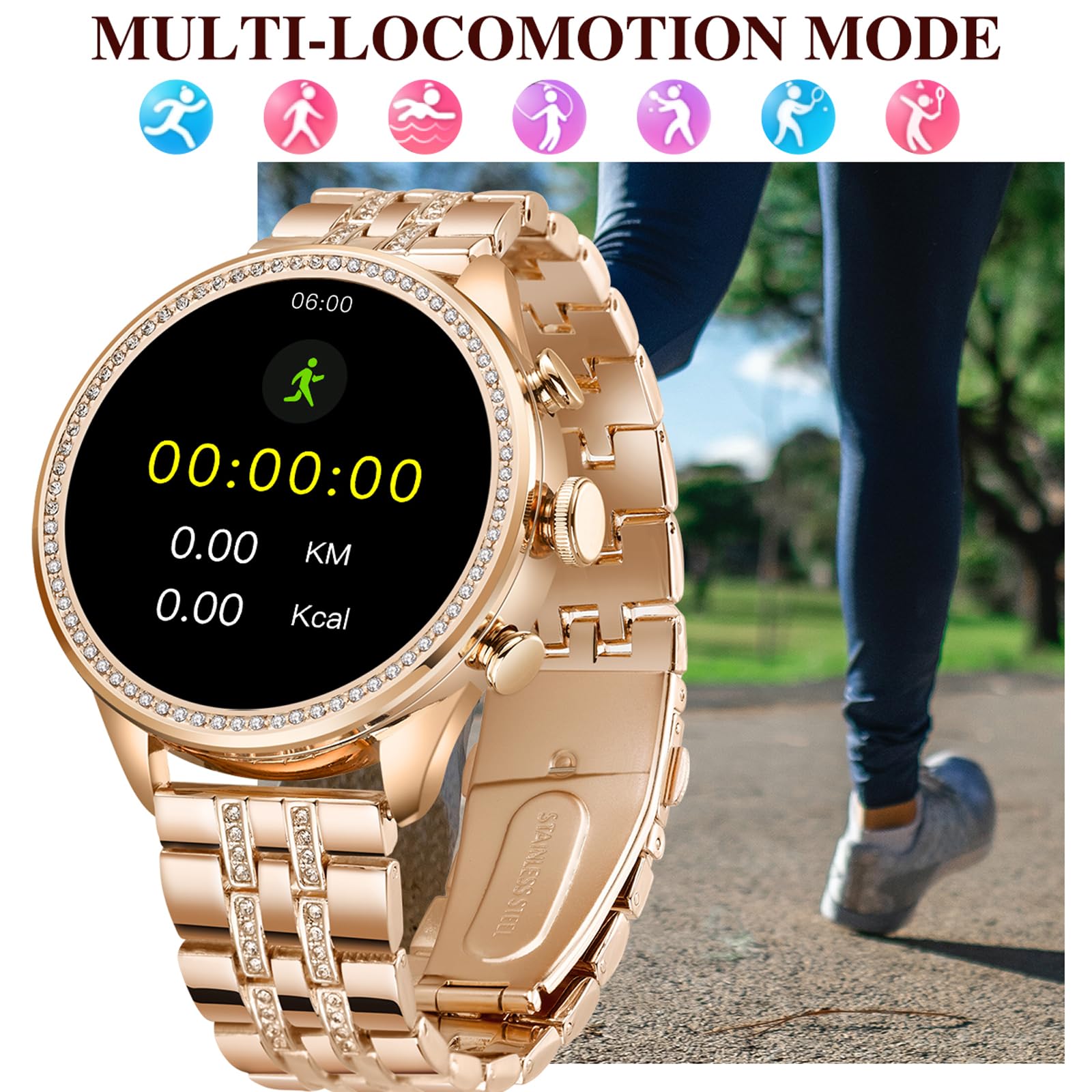 Rose Gold Ladies Smart Watch Bracelet Elegant Fitness Tracker Pedometer Calorie Sleep Monitor Heart Rate Exercise Stainless Steel Wristband