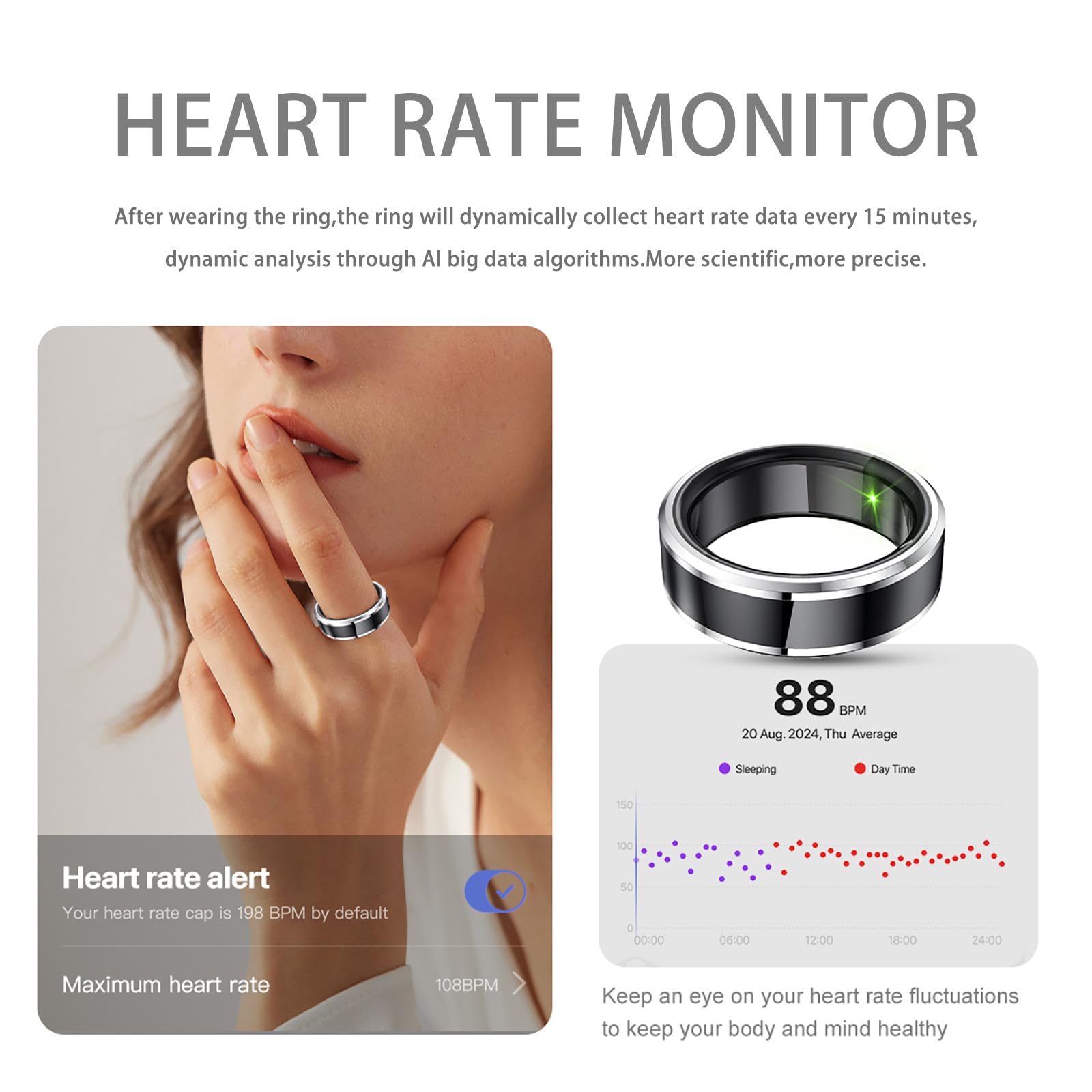 Smart Ring Health Tracker Fitness Ring Heart Rate Monitor Sleep Sports Modes Smart Ring Step Counter Calorie Pedometer Smart Rings for Android & iOS