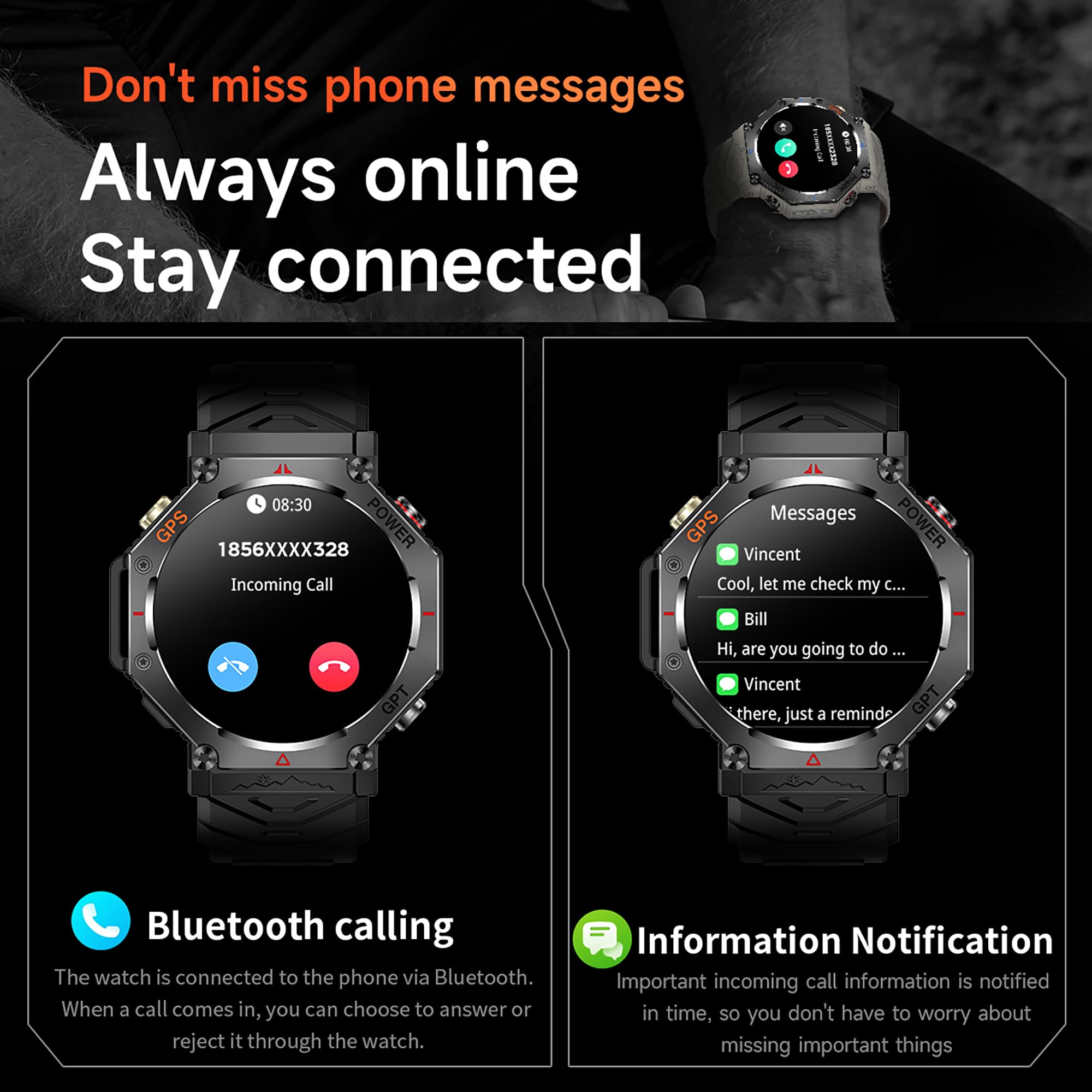 GPS Smart Watches for Men Military Altimeter Barometer Compass Bluetooth Calls Sports Modes Flashlight Smart Watch Heart Rate Sleep Monitor Message Reminder