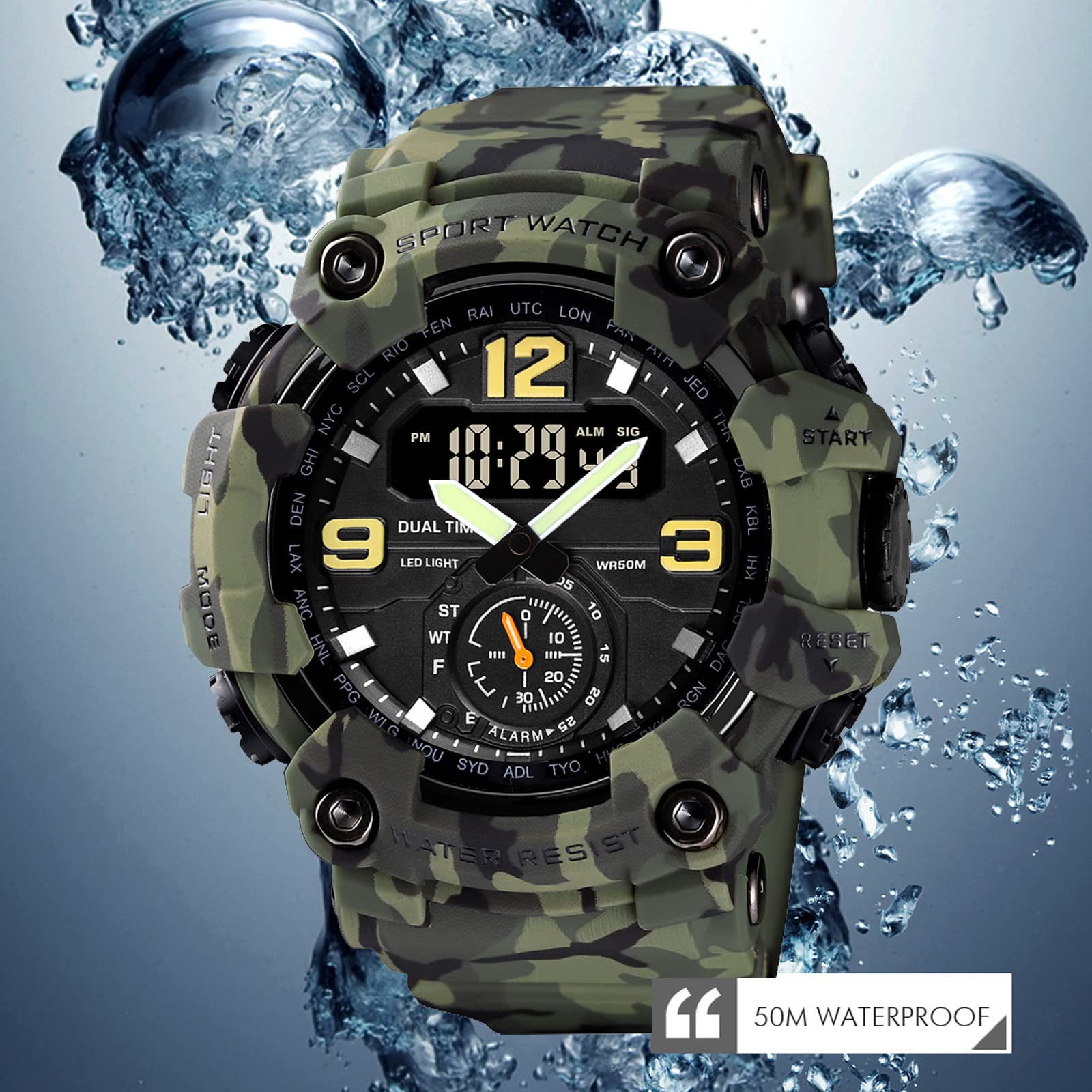 Findtime Big Face Men's Watches 50M Waterproof, Mens Analog Digital LED Outdoor Sport Watch 12H/24H Stopwatch Three Time Display