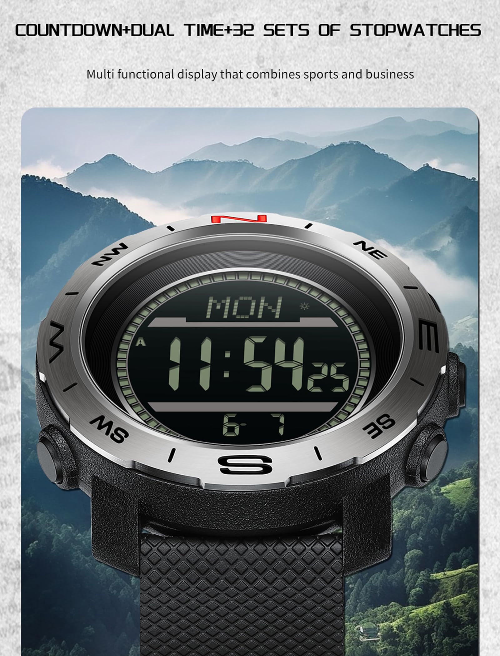 Findtime Men's Military Watches for Men Tactical ABC Digital Watch Outdoor Sports Altimeter Barometer Compass Thermometer Fitness Tracker Watch Step Counter Dual Time Stopwatch Countdown Waterproof Wristwatch