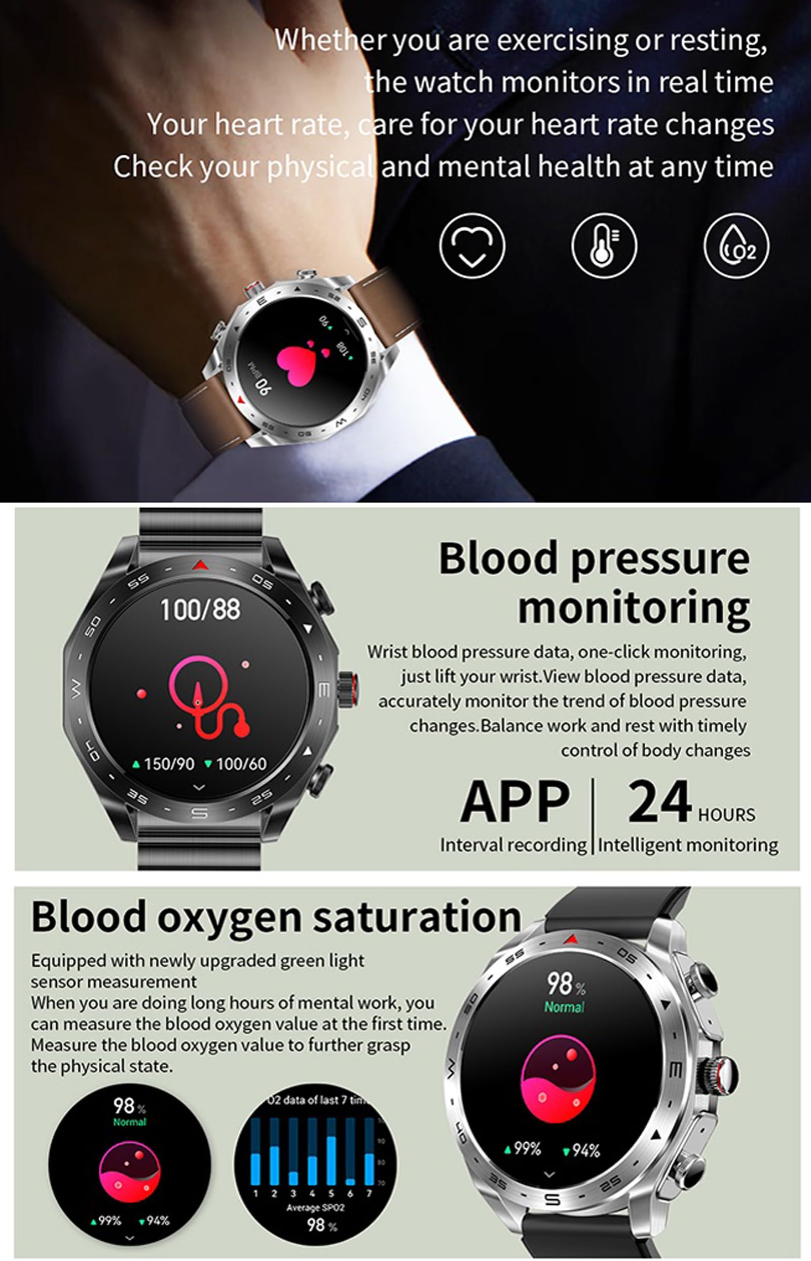 Smart Watches for Men with Wireless Earbuds Waterproof Men Watches HiFi Headphones Blood Pressure Monitor Heart Rate Monitor Sleep Tracker Bluetooth Call Fitness Tracker Step Counter for iOS Android