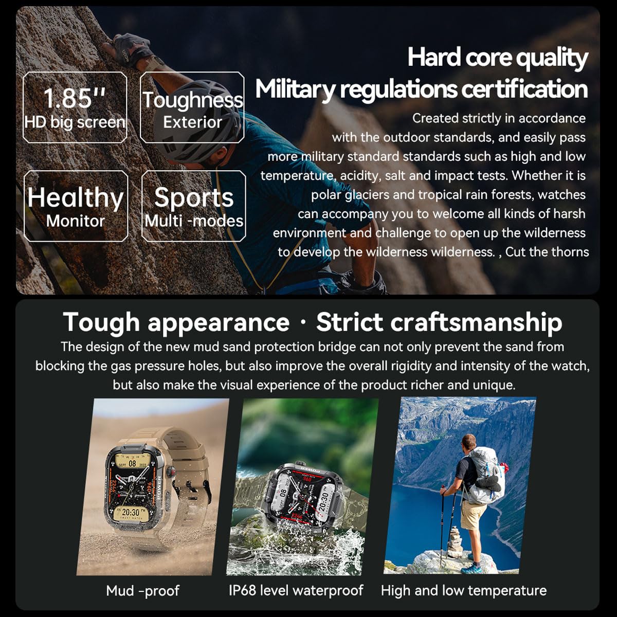 1.85" Large Screen Smart Watch for Men Android Military Smart Watches Mens Make/Answer Calls,Heart Rate,Sleep,Blood Oxygen Monitor Sports Running Activity Tracker