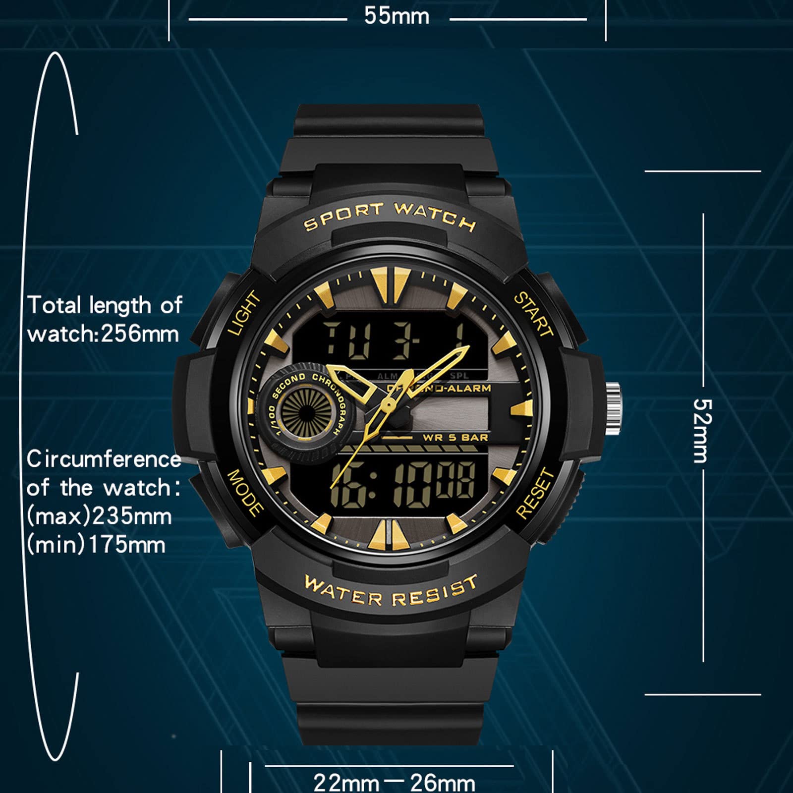 Findtime Men Analog Digital Sports Watch, Large Face Dual Display 5ATM Waterproof Stopwatch for Men Military Outdoor Tactical Army Wristwatch LED 12/24H