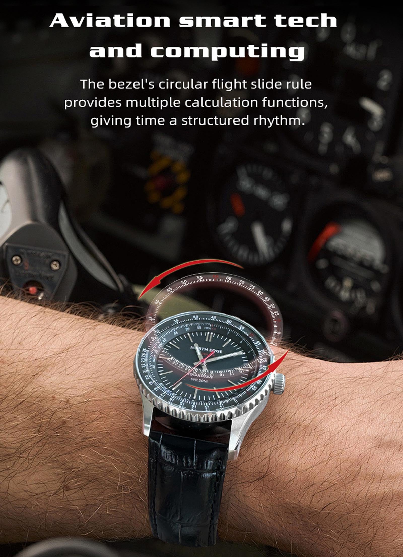 Pilot MIlitary Watches for Men Solar Watch for Pilot Analog Watch 316Stainless Steel Leather Strap Fuel Consumption/Airspeed/Distance/Flight Time Calculation Waterproof Luminous Fashion Gift for Men