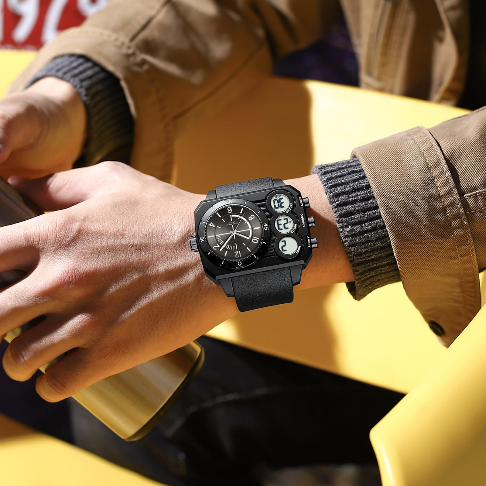 Findtime Big Face Watch for Men Square Large Face Cool Mens Watches with Three Time Zone Countdown Alarm LED Stopwatch Unique Cool Wristwatch