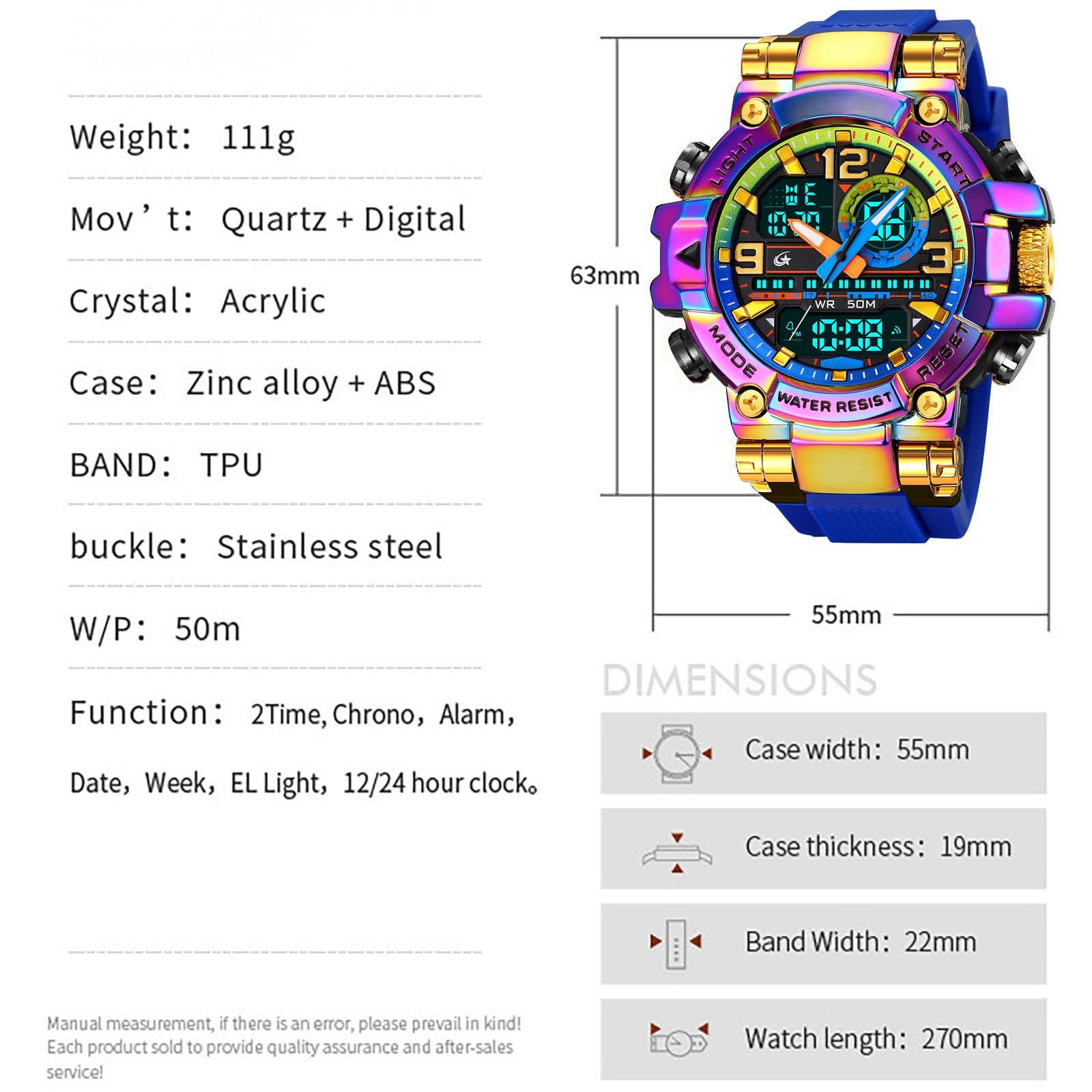 Findtime Cool Designer Mens Watches Big Face Digital Sports Watch for Men with LED Backlight/Alarm/Date/Dual Time Zone/Stopwatch