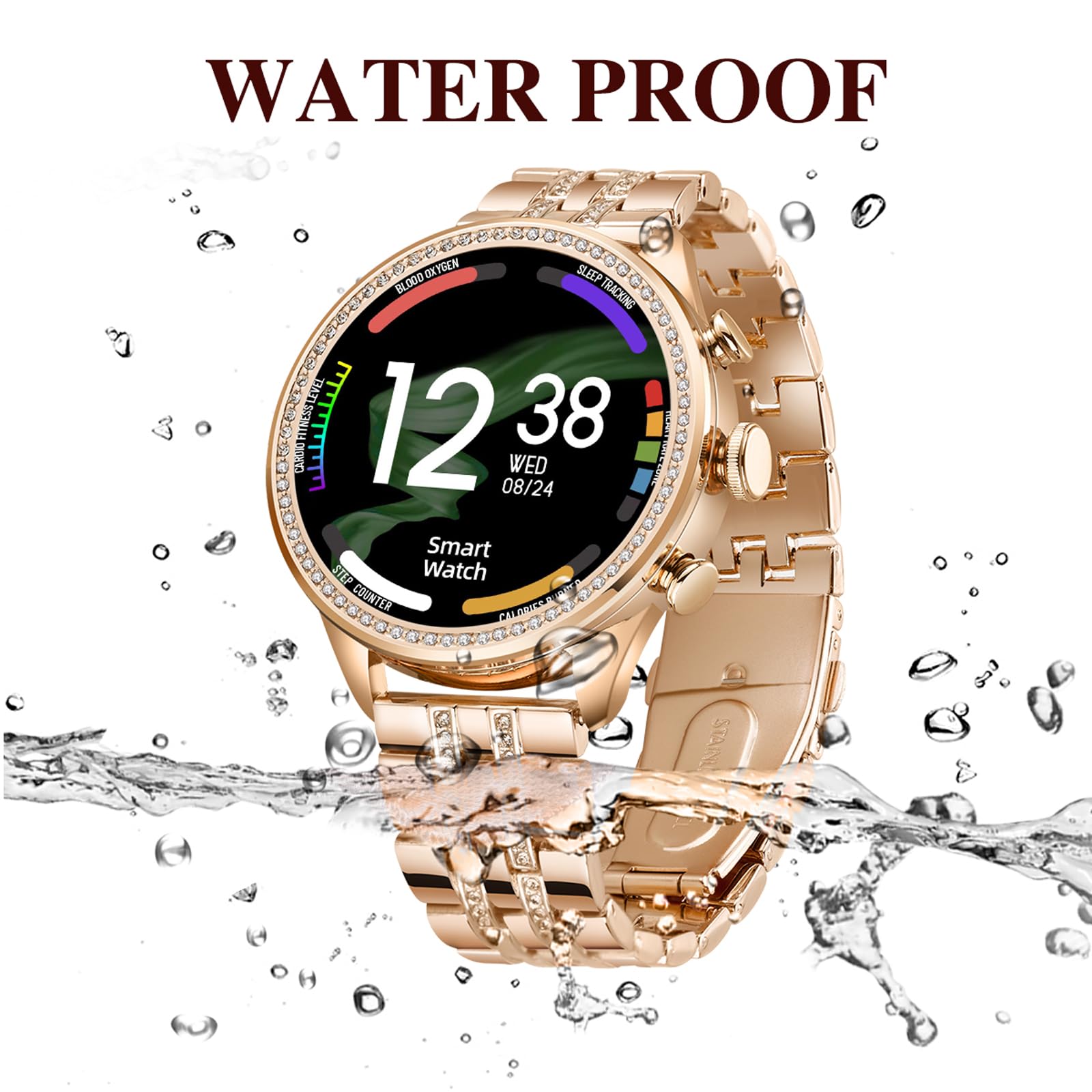 Rose Gold Ladies Smart Watch Bracelet Elegant Fitness Tracker Pedometer Calorie Sleep Monitor Heart Rate Exercise Stainless Steel Wristband