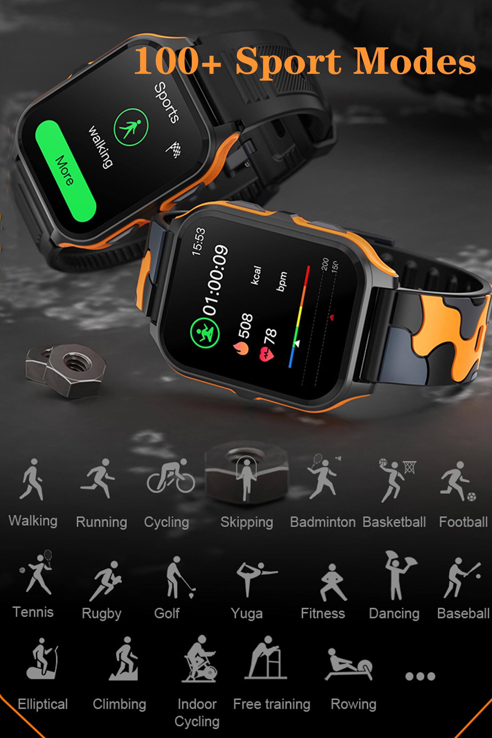 Rugged Military Smart Watch for Men Android Phones 1.83" Outdoor Running Smartwatch with Answer/Make Call 100 Sport Modes Fitness Tracker