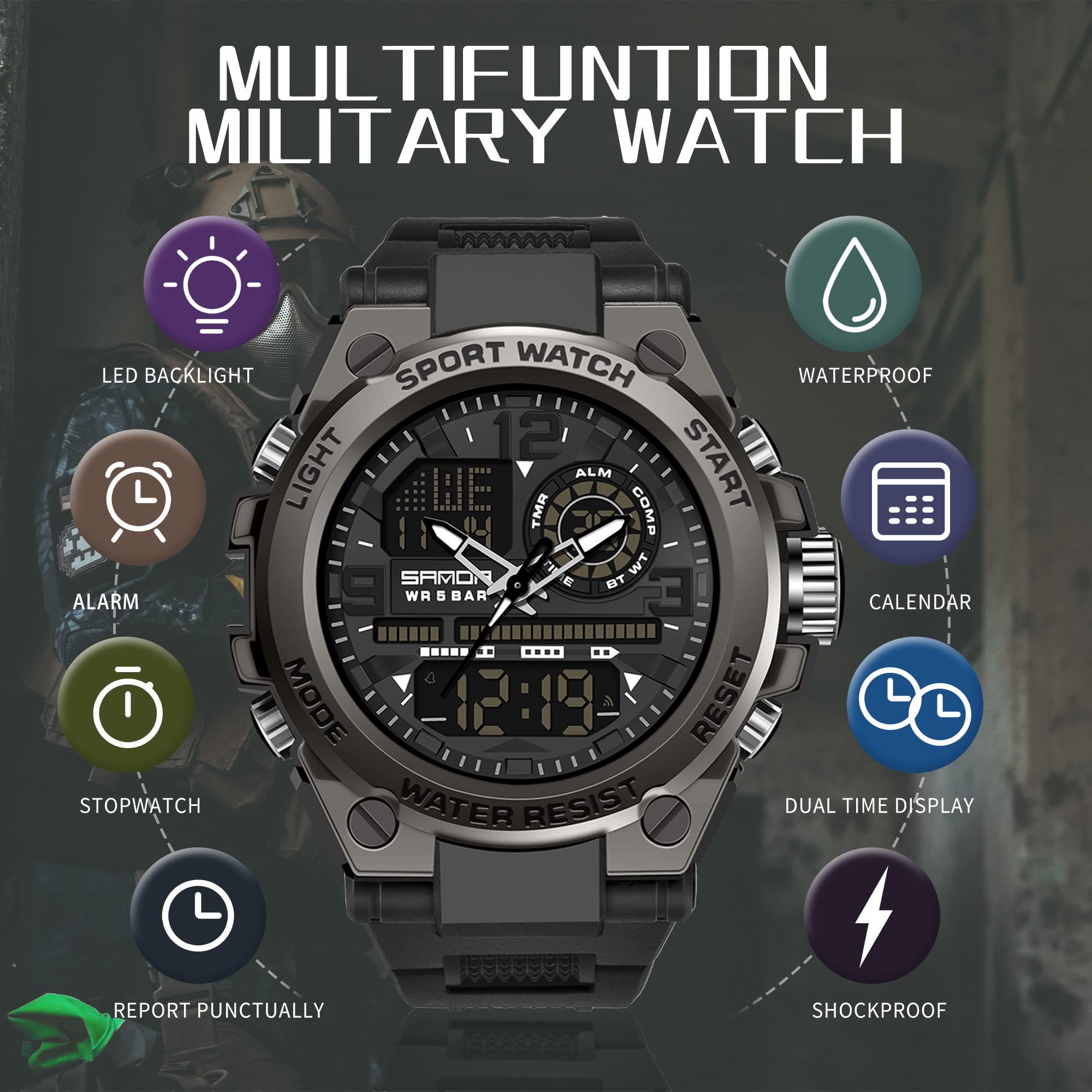 Findtime Mens Military Watch Tactical Waterproof Watches Sport Outdoor Digital Analogue Wristwatch Army Big Face Alarm Stopwatch LED Watch for Men