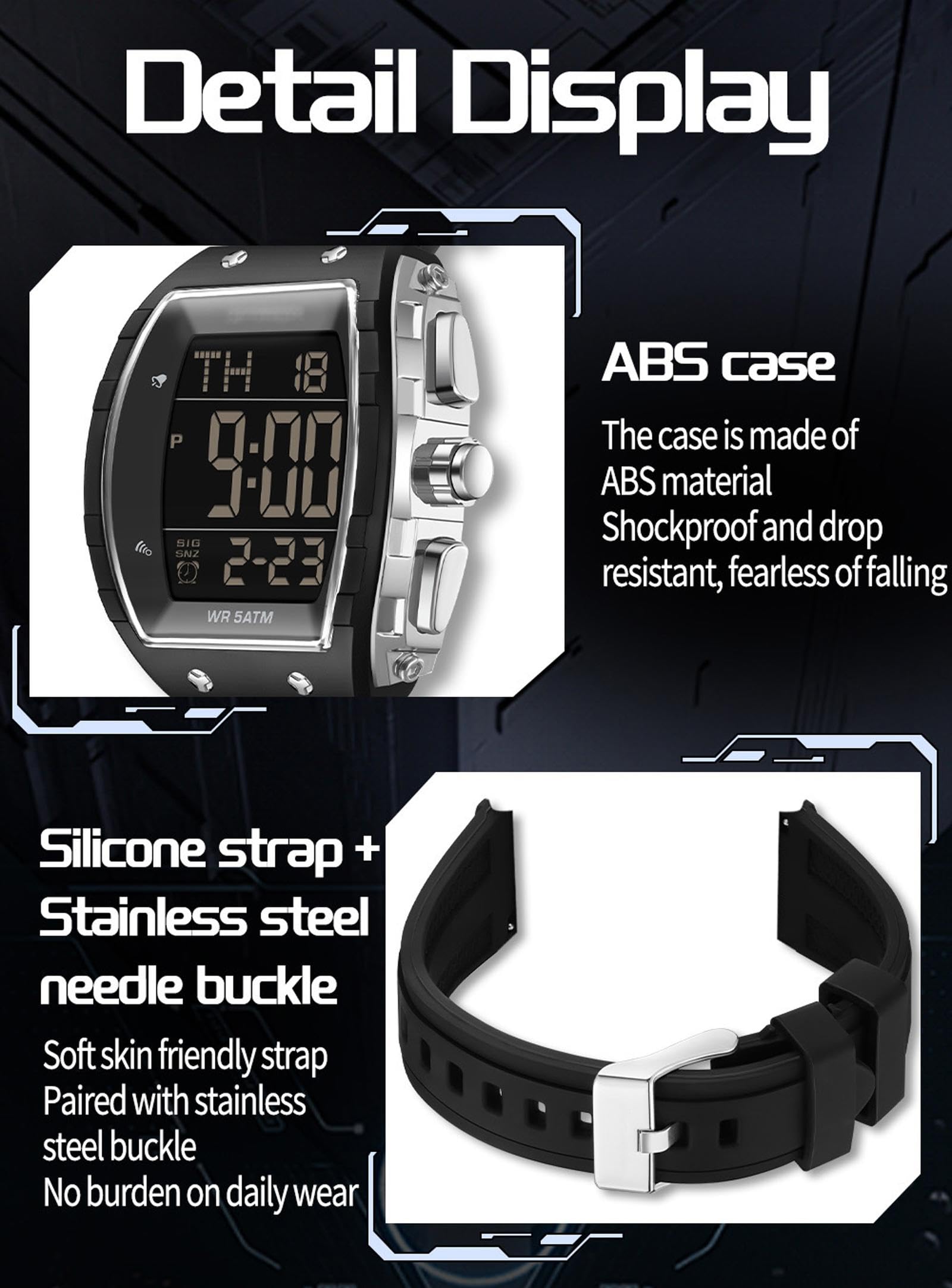 Findtime Men Digital Watches Dual Time Zone with LED Backlight Alarm Stopwatch Silicone Strap 5ATM Waterproof for Travel/Sport/Business Easy Read Fashion Birthdays Gift for Him