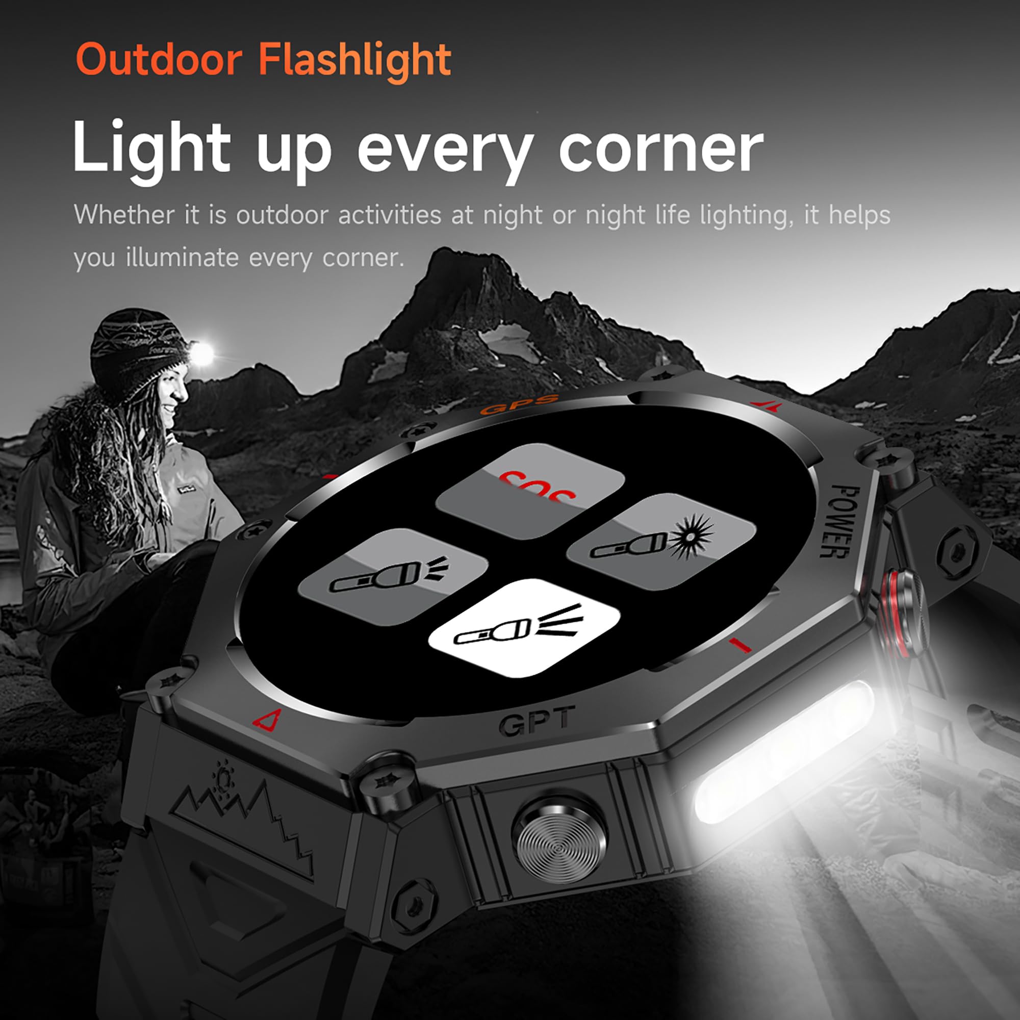 GPS Smart Watches for Men Military Altimeter Barometer Compass Bluetooth Calls Sports Modes Flashlight Smart Watch Heart Rate Sleep Monitor Message Reminder