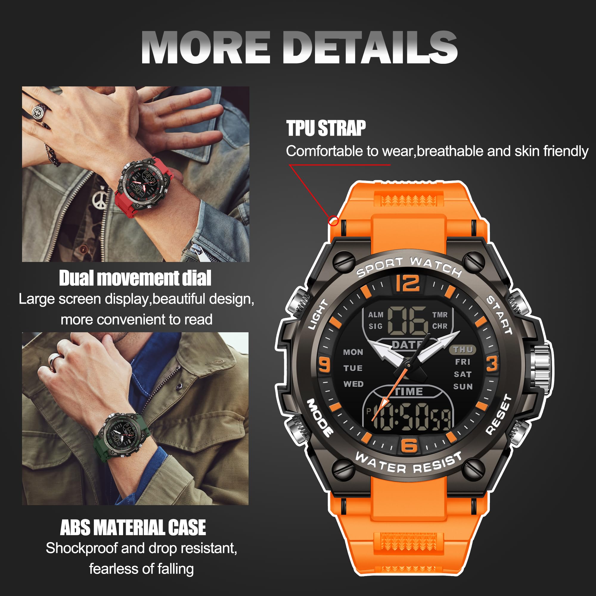 Findtime Men's Digital Watch Sports Waterproof Watches Military Stopwatch Alarm Mens Wristwatch for Running Swimming Watch Big Face Analog Watch