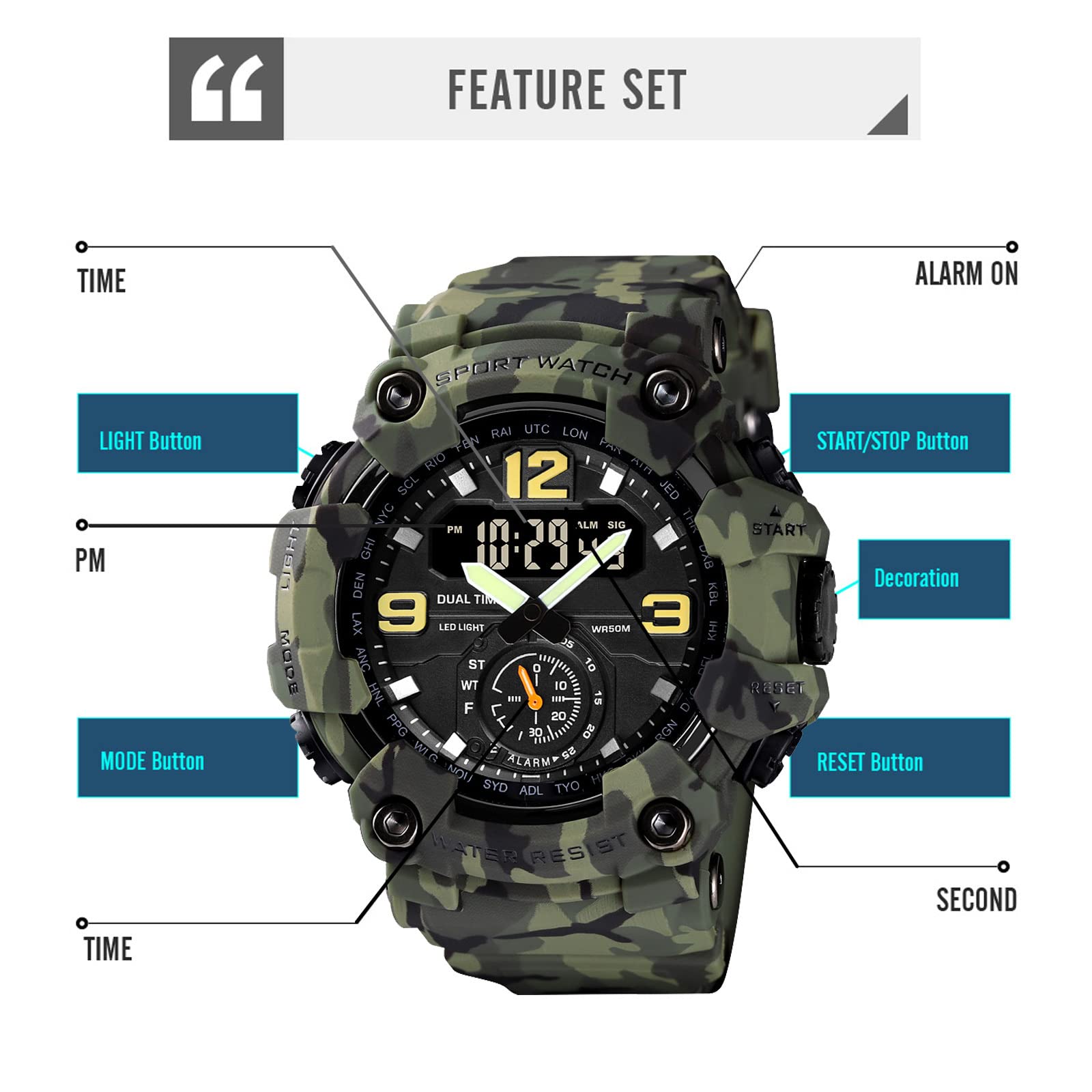 Findtime Big Face Men's Watches 50M Waterproof, Mens Analog Digital LED Outdoor Sport Watch 12H/24H Stopwatch Three Time Display