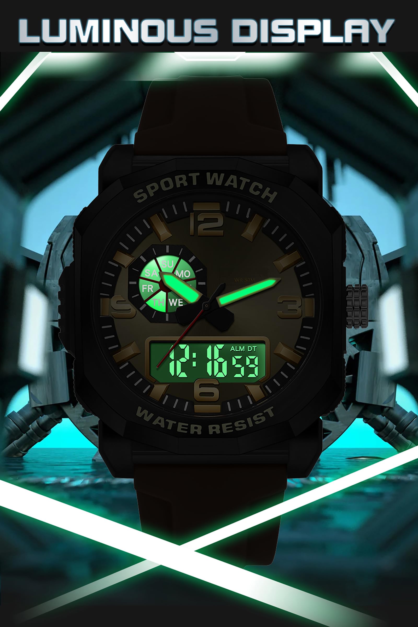 Findtime Cool Watches for Men Construction Heavy Duty Punk Designer Unique Sports Wrist Watch with 5ATM Waterproof Dual Time Display