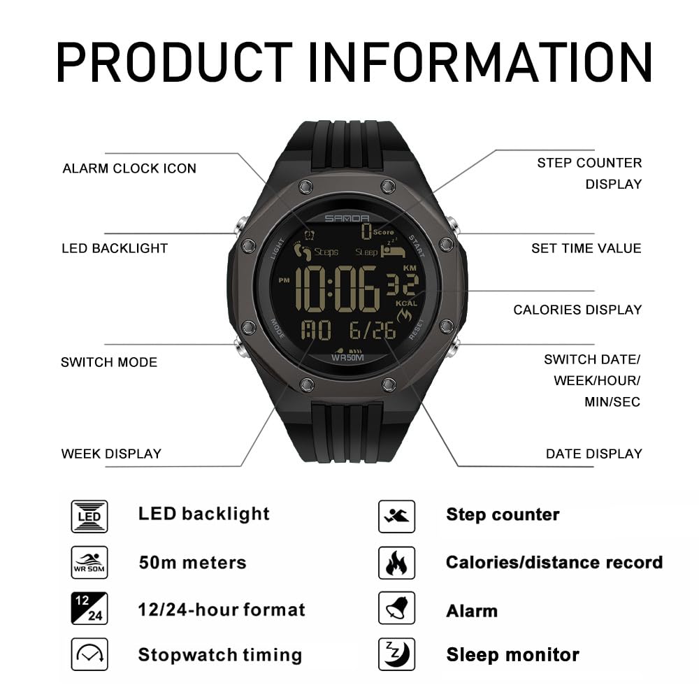 Findtime Mens Sports Watch - Military, Tactical & Digital Watches for Men, Waterproof, Pedometer, Step Counter for Calories, Distance