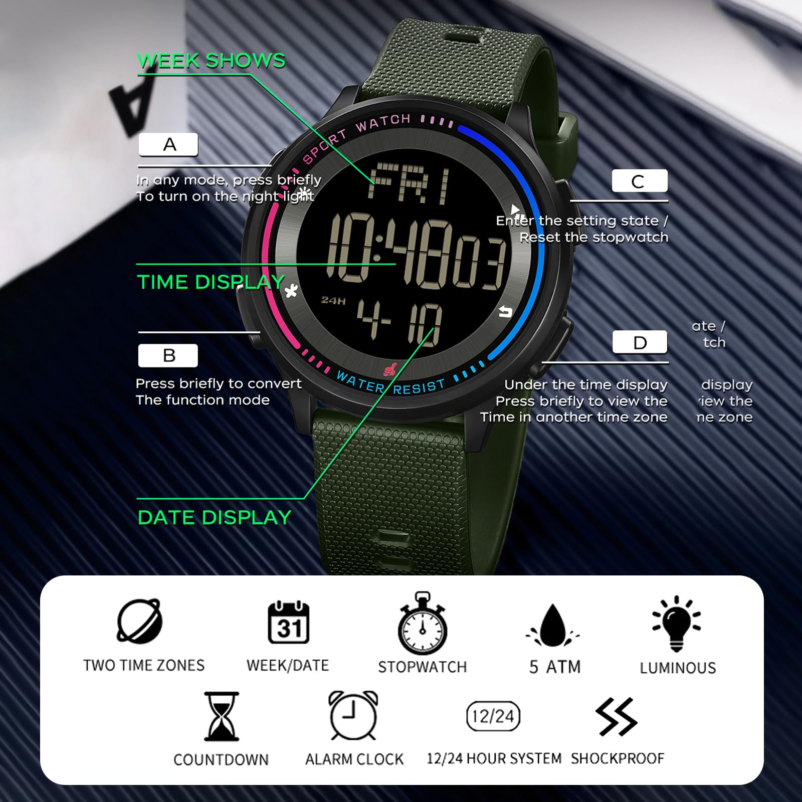 Findtime Sports Watches for Men Digital Waterproof Watch Alarm Clock Stopwatch Countdown Calendar Tactical Mens Watch Running Outdoor Relojes para Hombres Hiking Dual Time