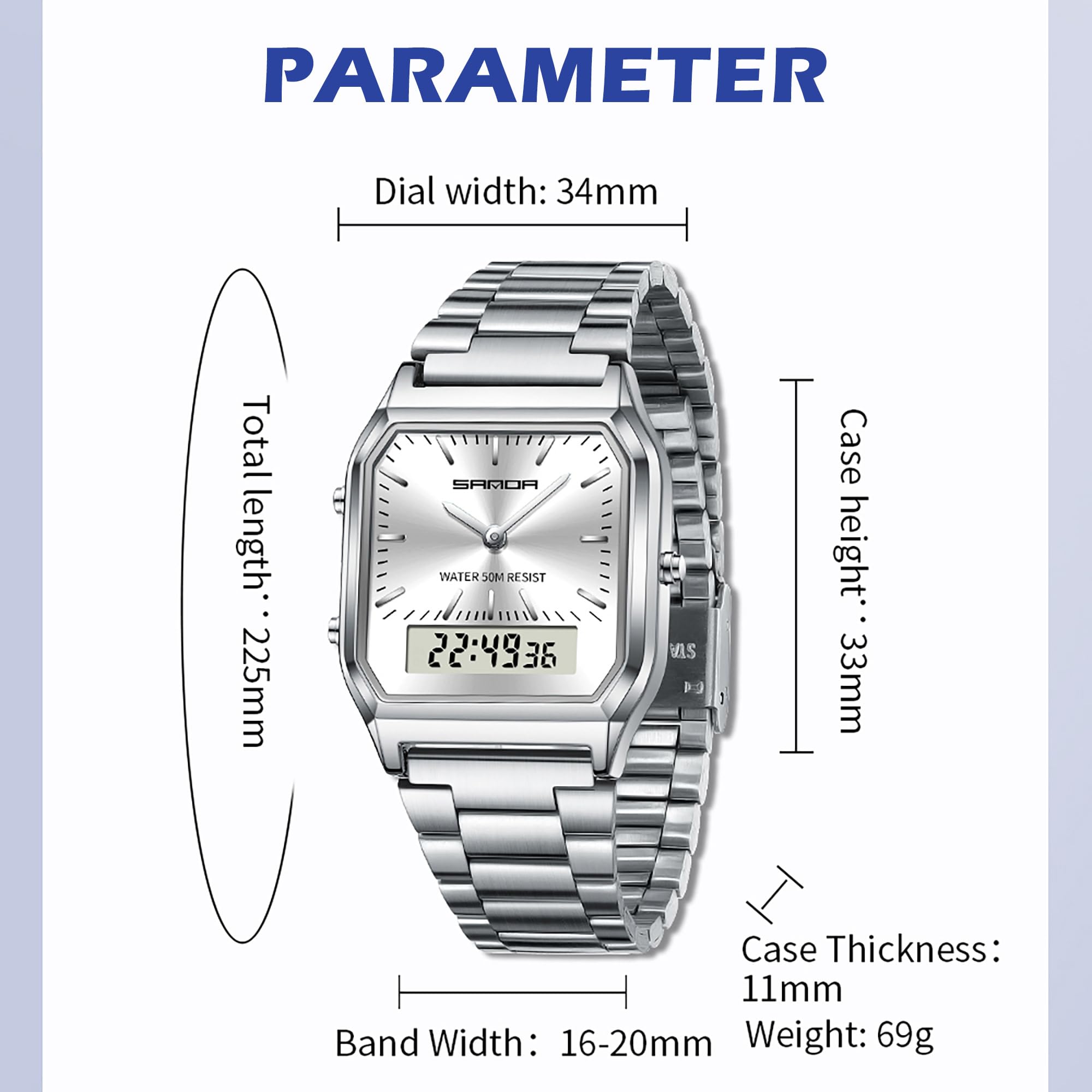 Findtime Analogue Digital Watch for Women Men 5ATM Waterproof Watch Stopwatch Alarm Wrist Watch Stainless Steel Business Silver Watch LED Backlight Casual Ladies Watch