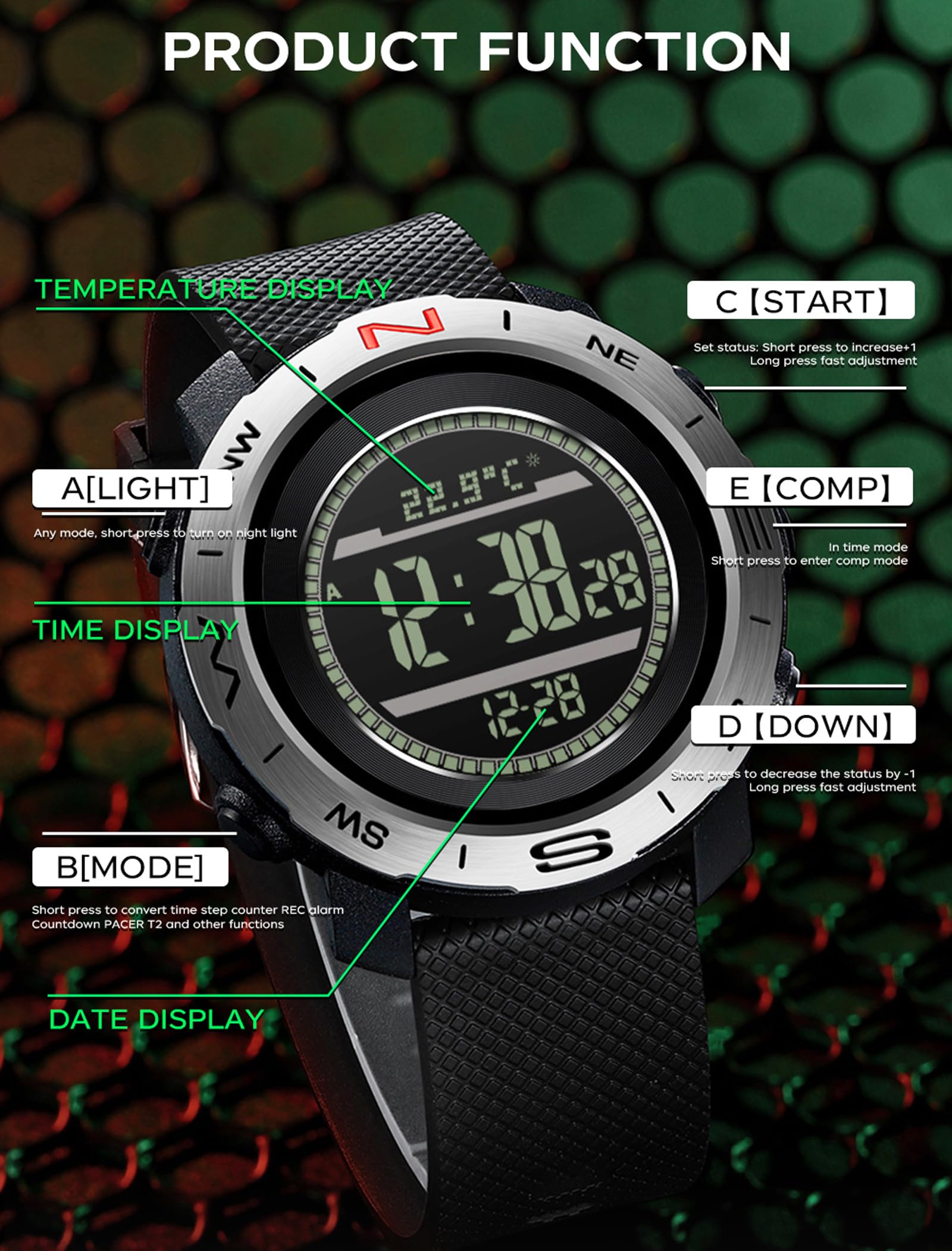 Findtime Men's Military Watches for Men Tactical ABC Digital Watch Outdoor Sports Altimeter Barometer Compass Thermometer Fitness Tracker Watch Step Counter Dual Time Stopwatch Countdown Waterproof Wristwatch