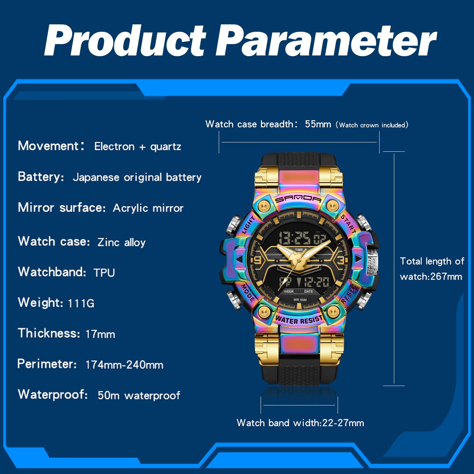 Findtime Digital Watches for Men Tactical Sports 5ATM Waterproof Watch Digital Large Face LED Backlight Wristwatch-3186