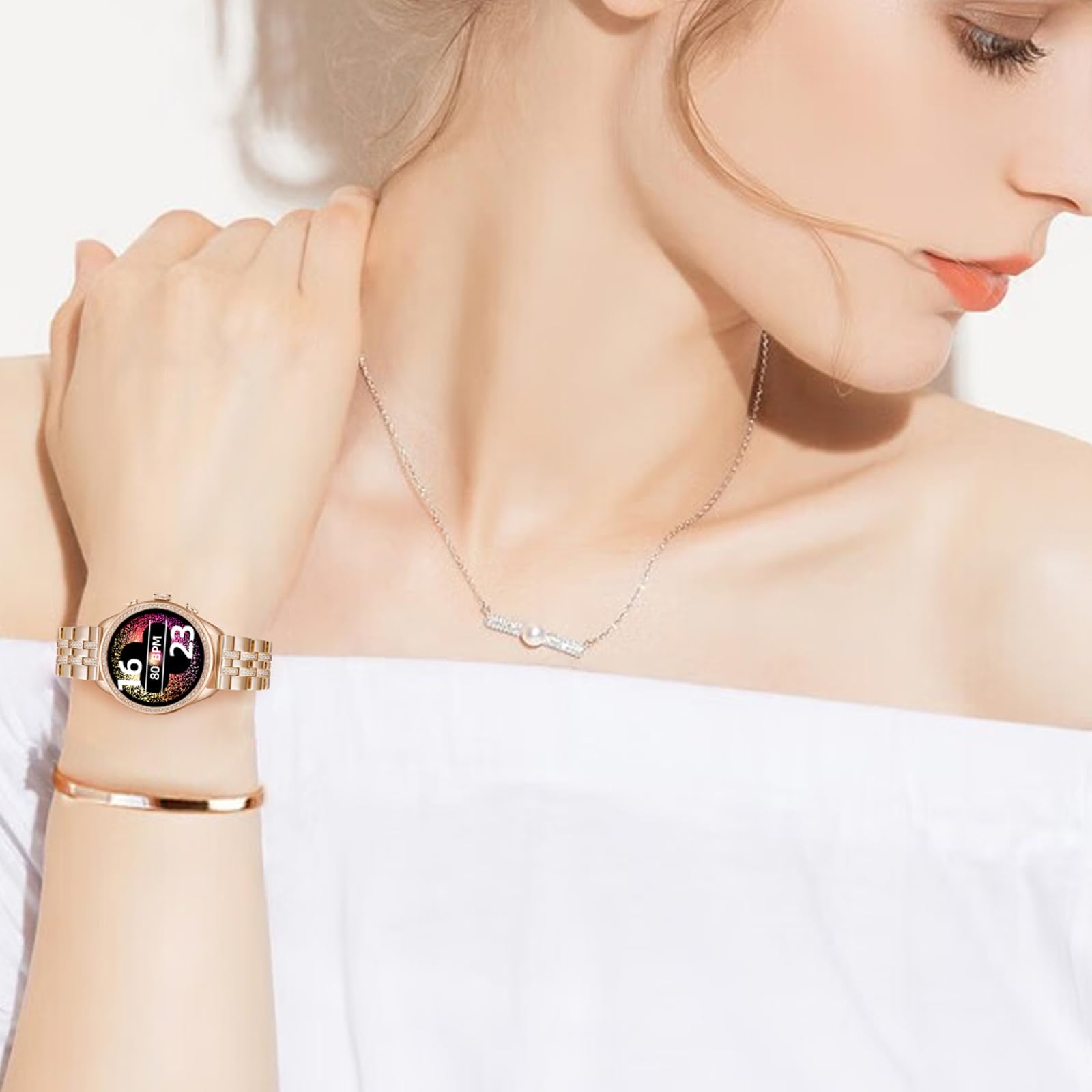 Rose Gold Ladies Smart Watch Bracelet Elegant Fitness Tracker Pedometer Calorie Sleep Monitor Heart Rate Exercise Stainless Steel Wristband