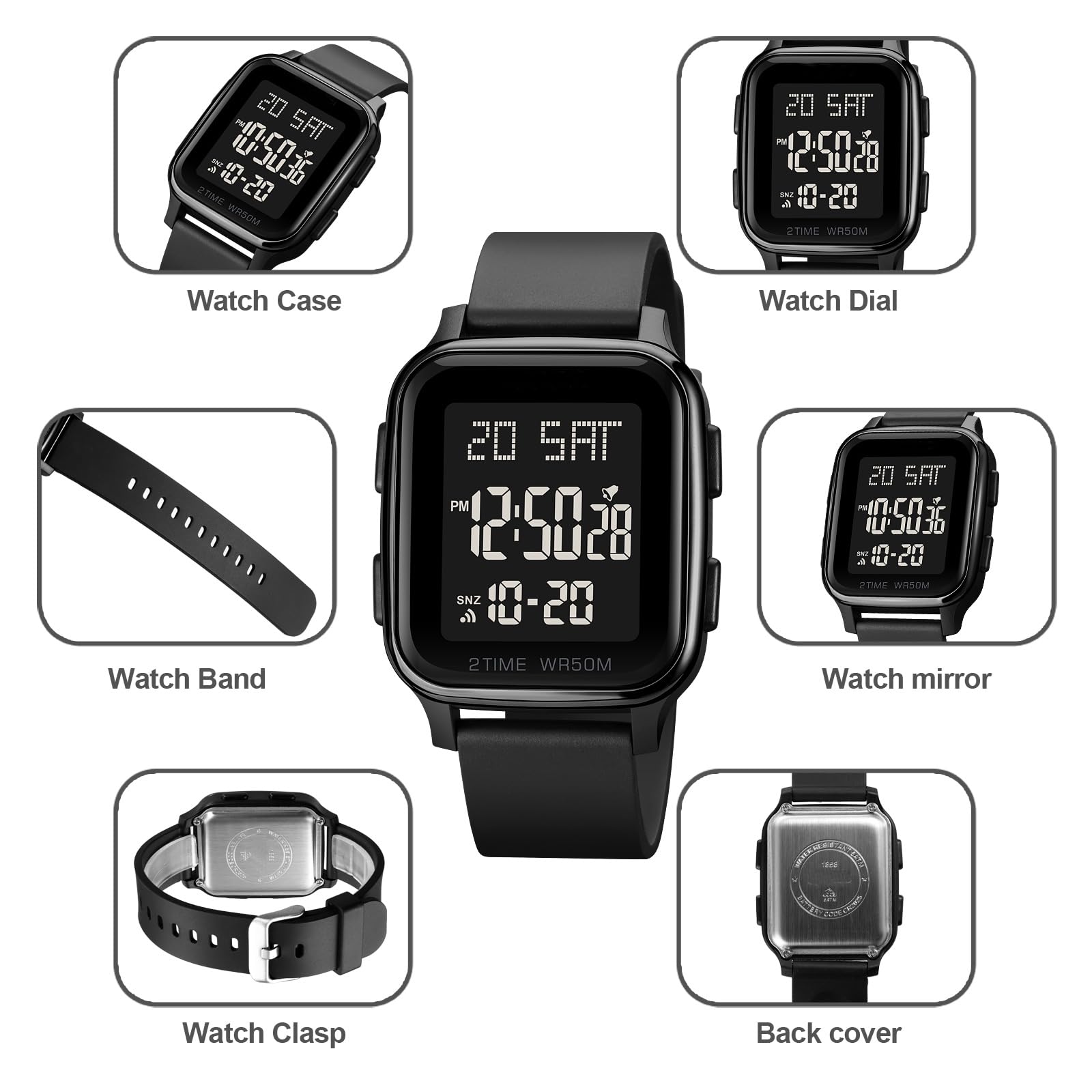 Findtime LED Digital Watch Mens Womens Black Rectangle Square Face Big Numbers Dial Unisex Watches Sports Waterproof Dual Time Stopwatch Fashion Simple Wristwatch