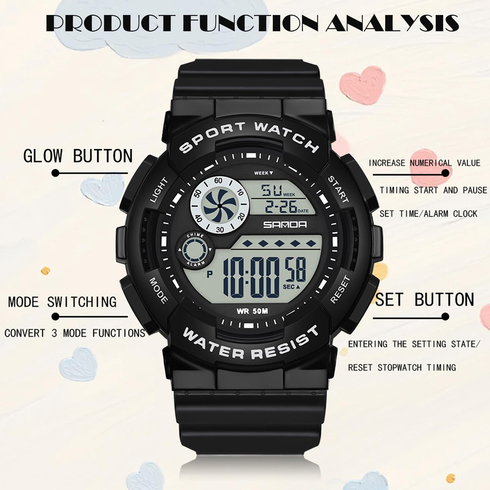 Findtiome Digital Watch Womens Sport Waterproof  Watches for Women with Alarm Stopwatch Hourly Chime LED Display -6114