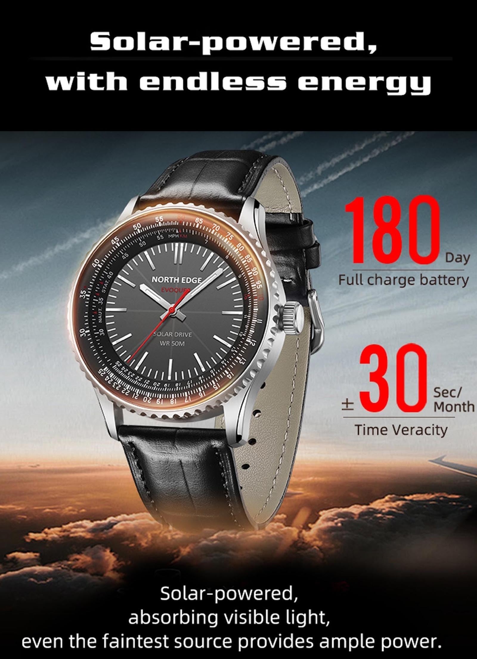 Pilot MIlitary Watches for Men Solar Watch for Pilot Analog Watch 316Stainless Steel Leather Strap Fuel Consumption/Airspeed/Distance/Flight Time Calculation Waterproof Luminous Fashion Gift for Men