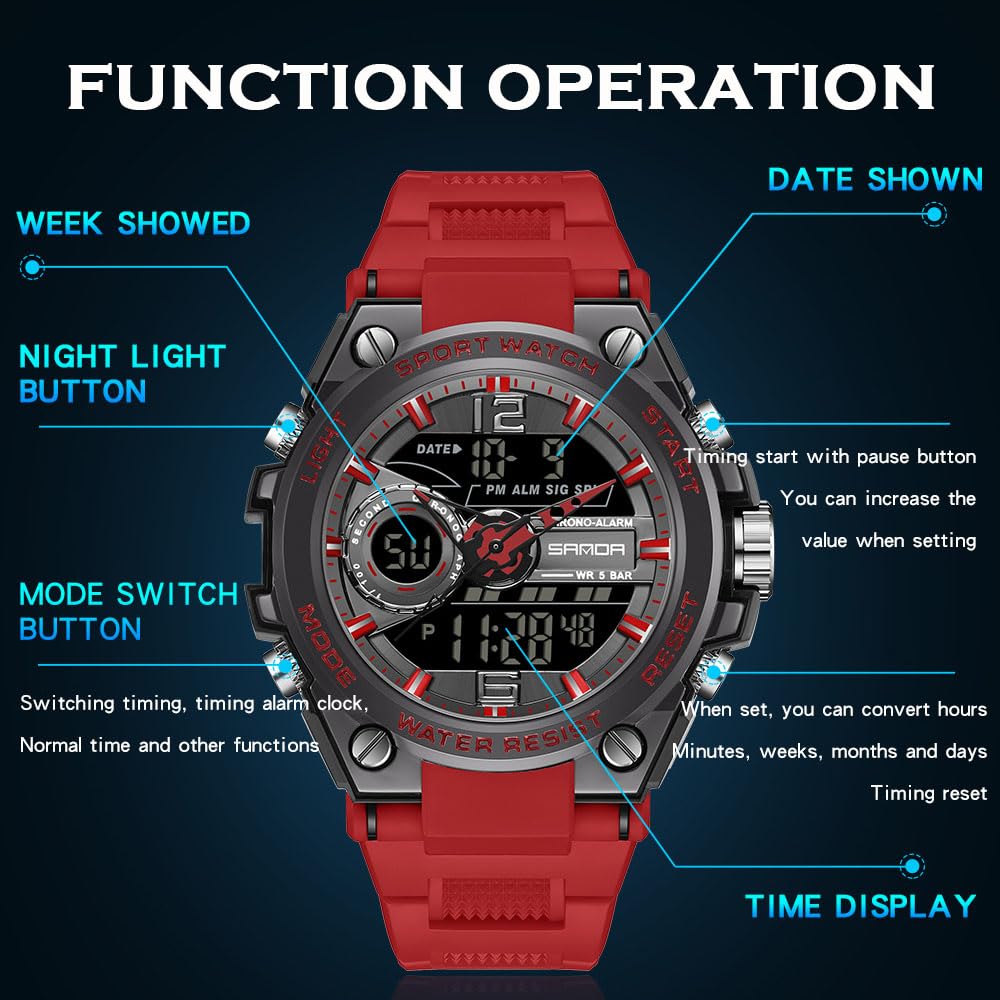 Findtime Military Watch Tactical Watches for Men Waterproof Rugged Outdoor Wristwatch Sports Mens Analog Digital 12/24H Big Face Large Dual Display LED Alarm Stopwatch