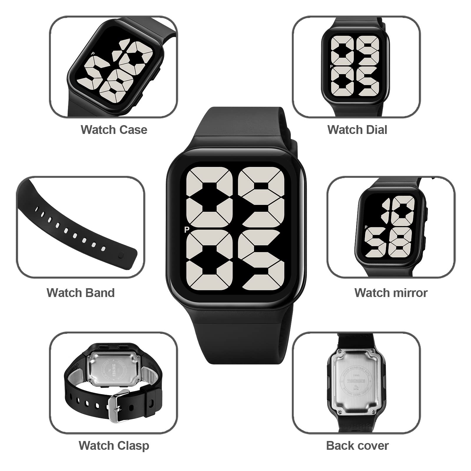 Findtime Unisex Square Big Numbers Dial Digital Watch for Men Women Seniors, 50M Waterproof Large LED Electronic Time Pink Wristwatch Simple Designer