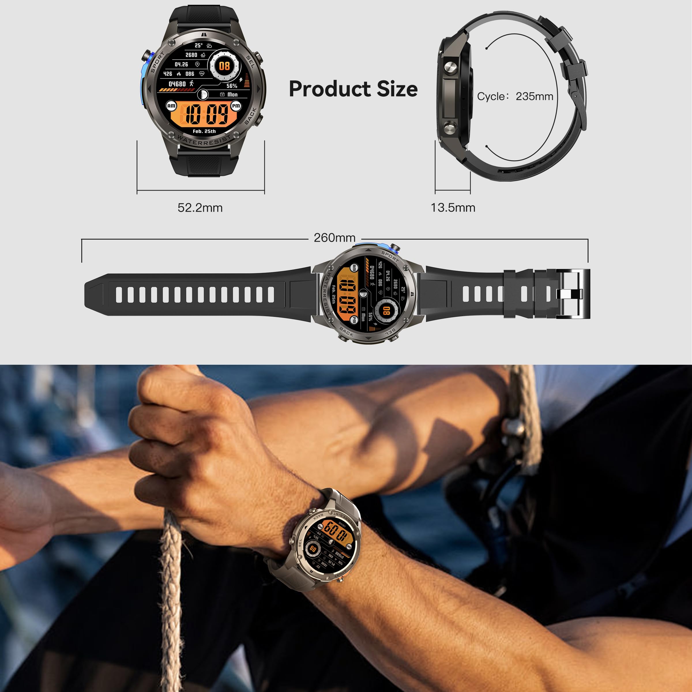 GPS Smart Watch Running Watches, Military Smart Watches with Bluetooth Call Heart Rate Monitor Pedometer Step Counter, Barometer Altitude Compass Smartwatches