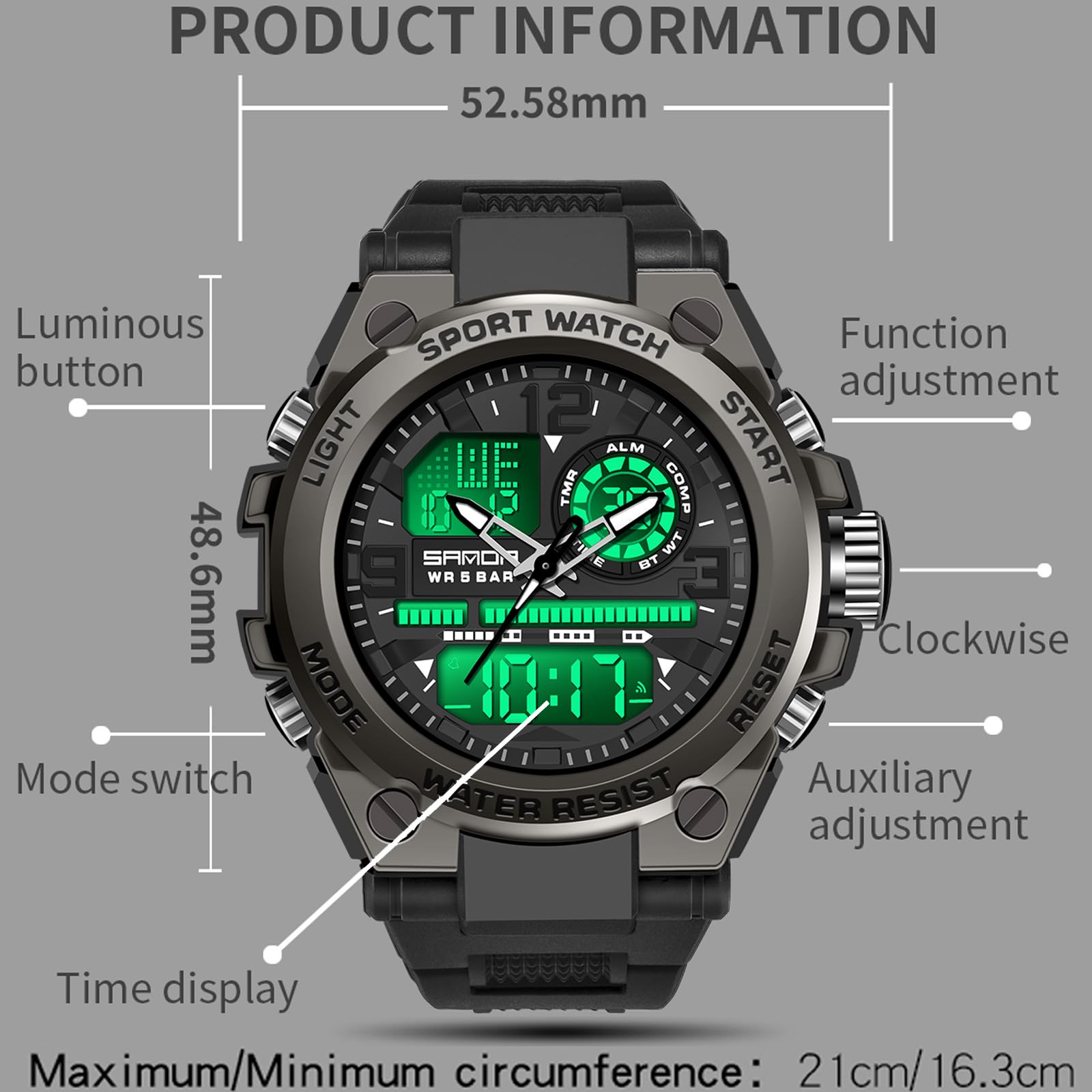 Findtime Mens Military Watch Tactical Waterproof Watches Sport Outdoor Digital Analogue Wristwatch Army Big Face Alarm Stopwatch LED Watch for Men