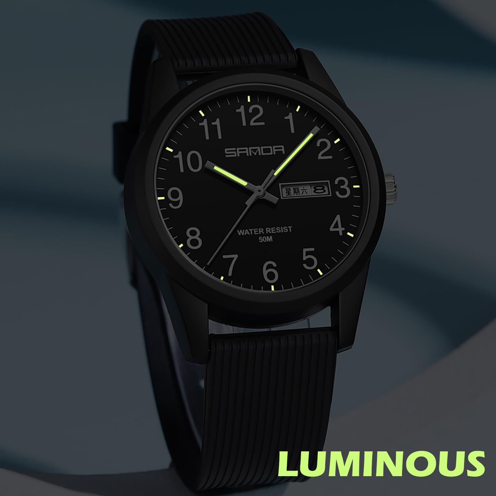 Findtime Day Date Watches for Men Easy Read Dial with Luminous Analog Second Hand Gold Arabic Numerals Waterproof White Silicone Band